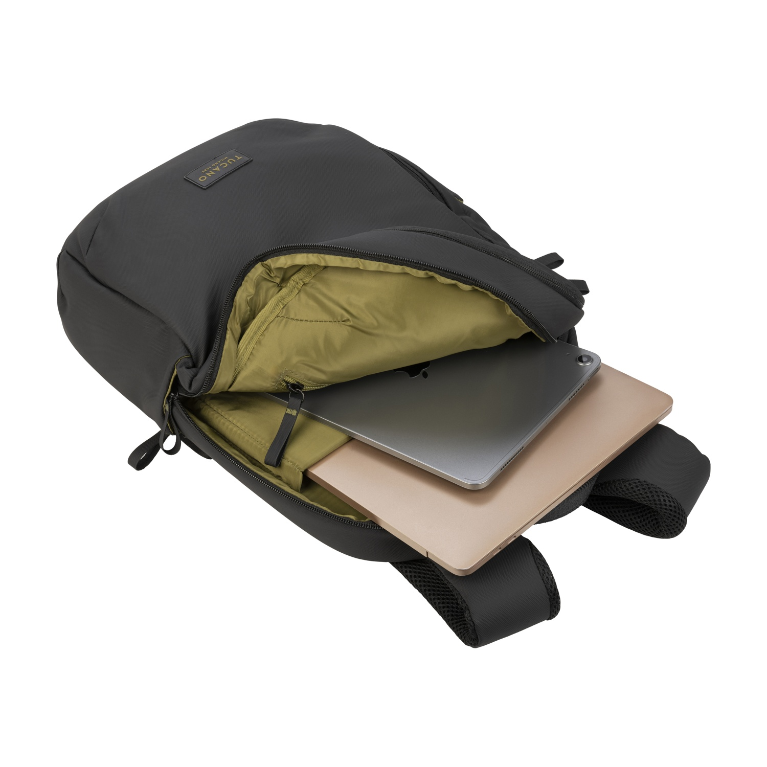Zaino Tucano nero aperto con laptop e tablet.