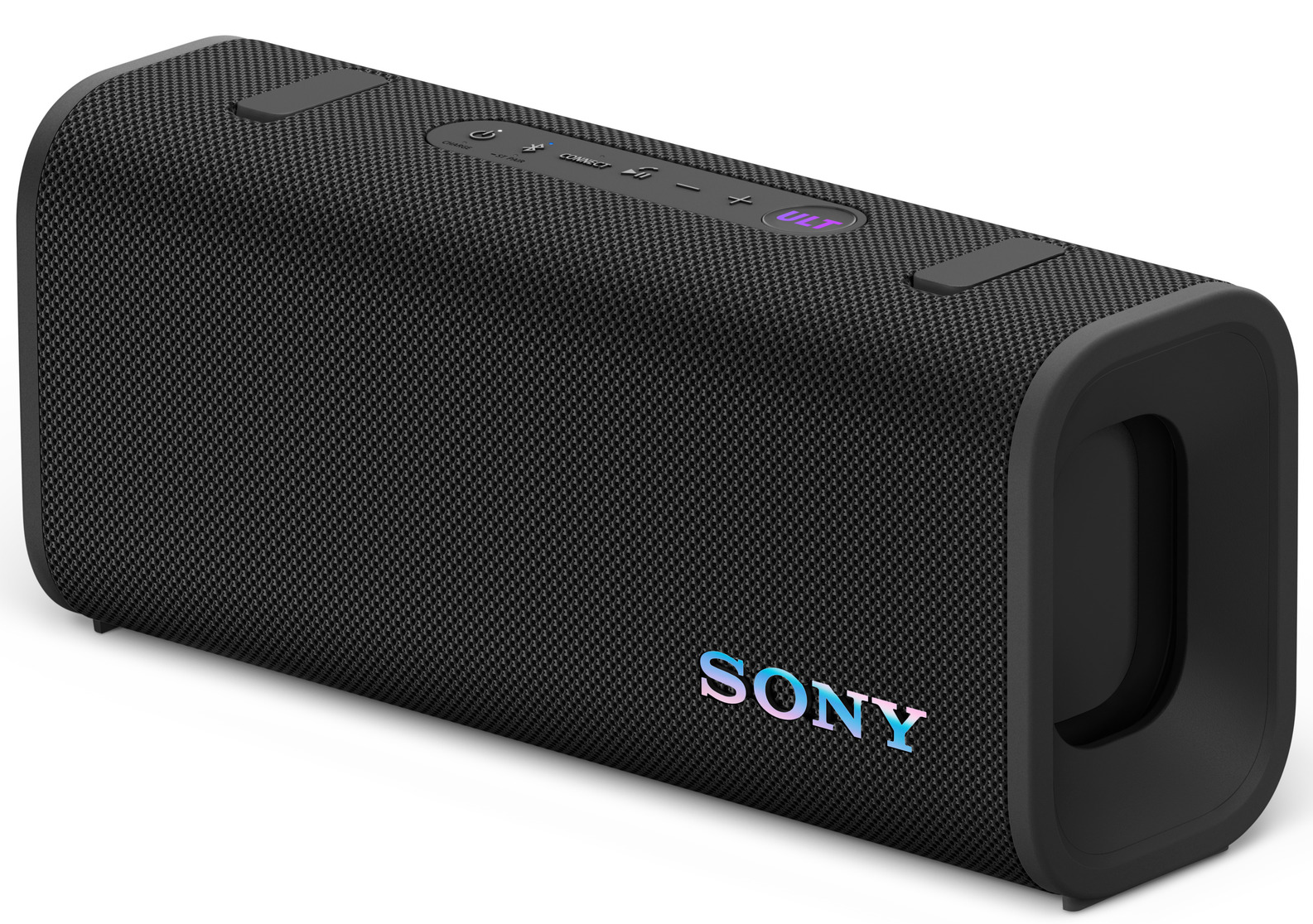 Fekete Sony hangszóró. Téglalap alakú, Sony logóval az oldalán.