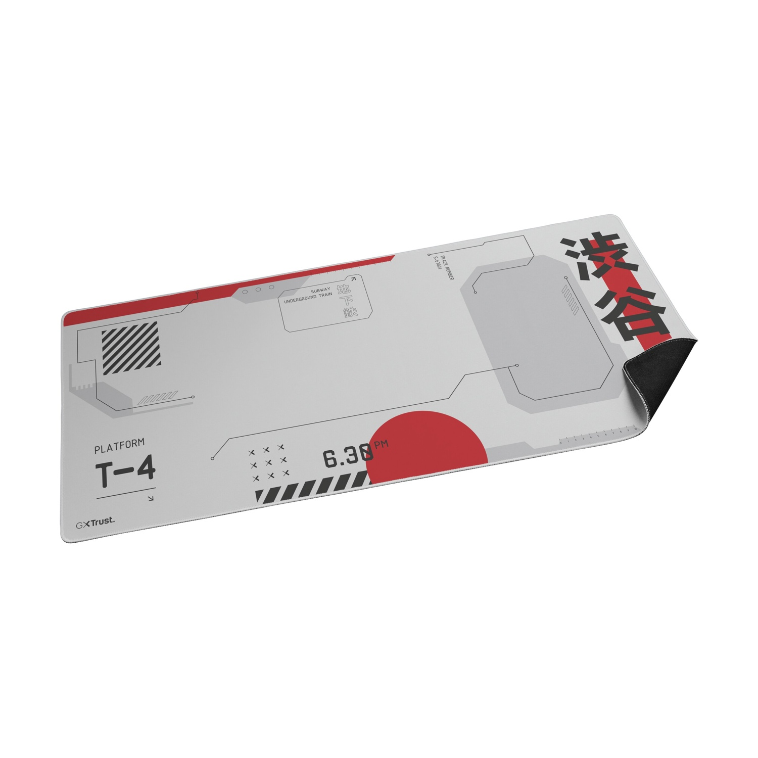 Tappetino per mouse grigio con cerchio rosso e testo giapponese, sfondo bianco.