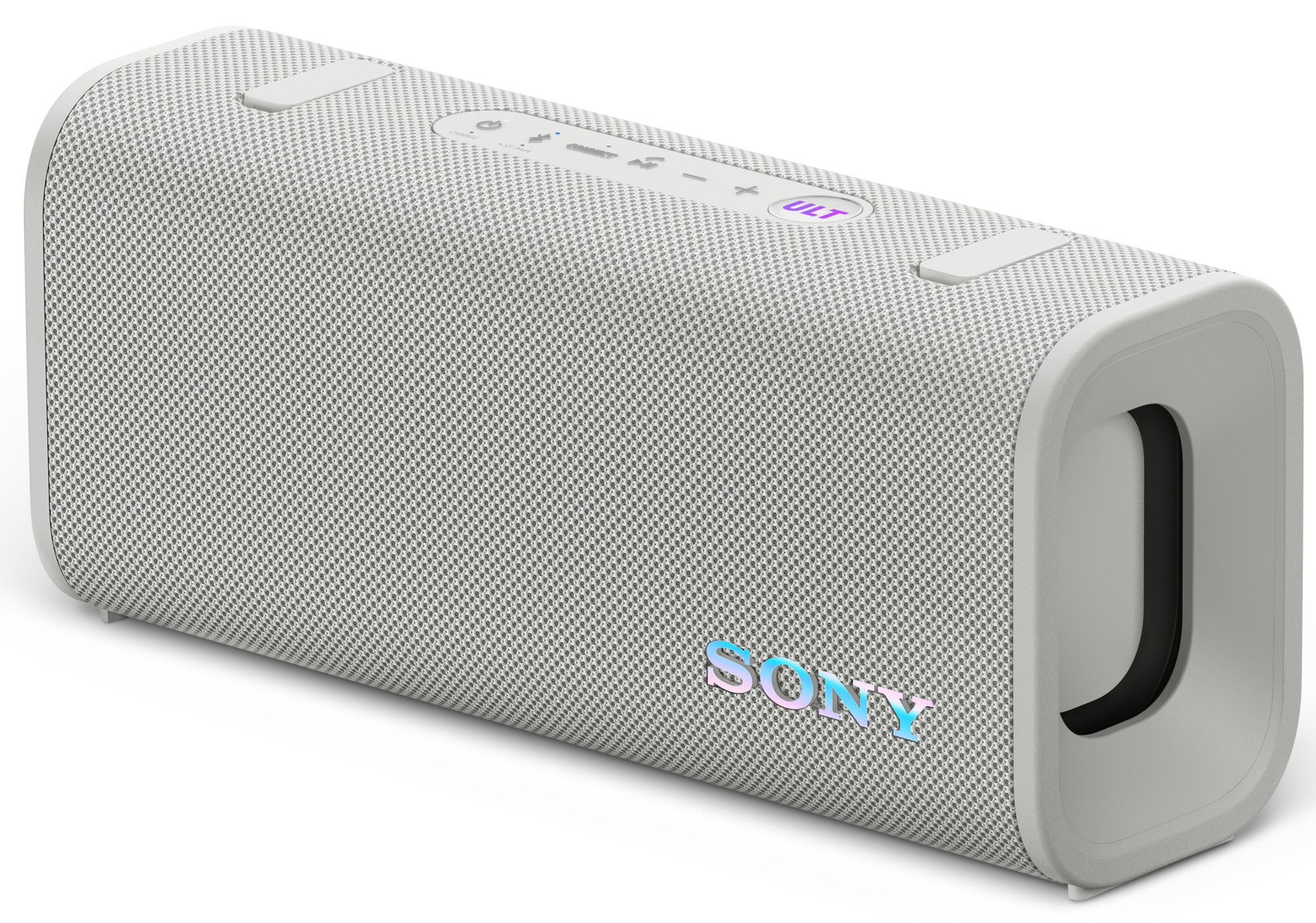 Egy fehér és szürke hordozható hangszóró, elöl a SONY felirattal.