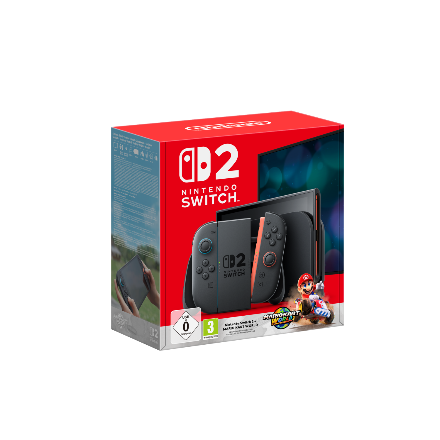 Nintendo Switch doos met de console en controllers. Inclusief Mario Kart 8 Deluxe artwork.