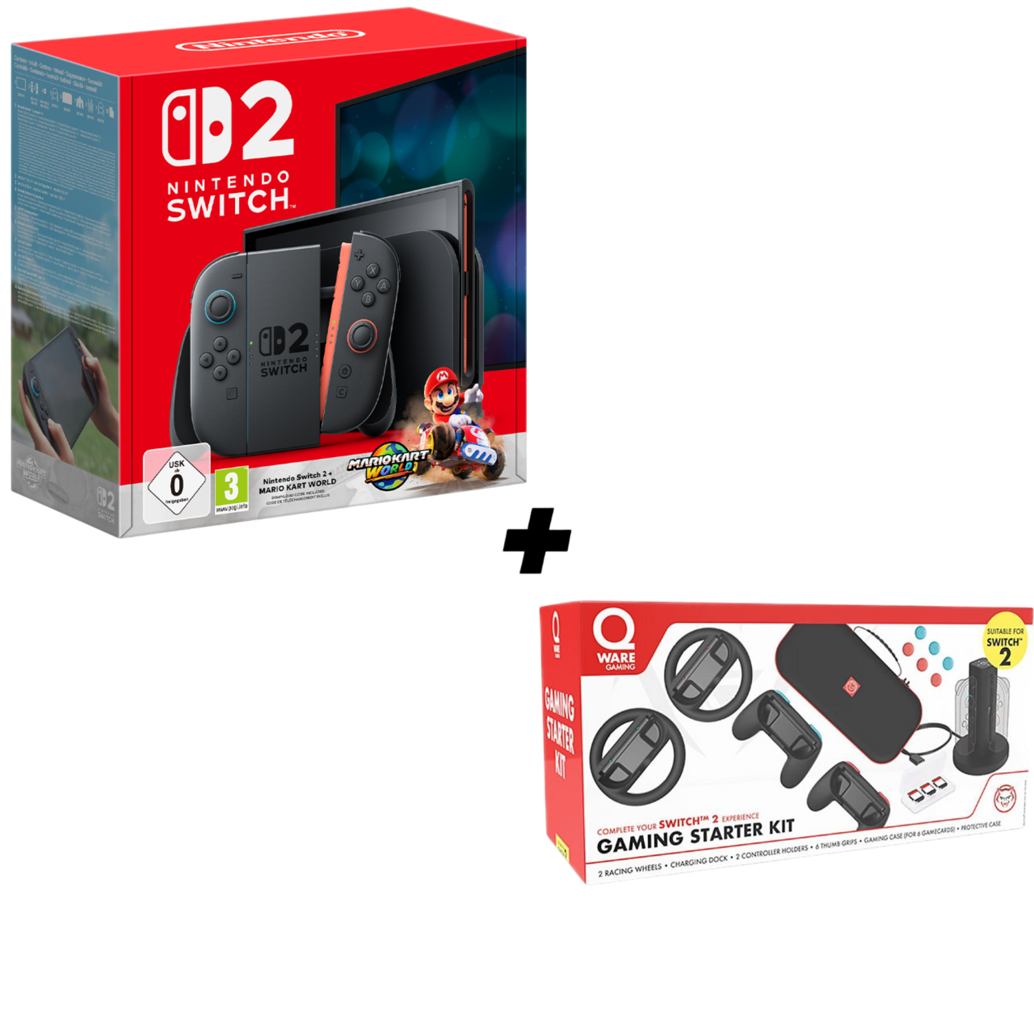 Twee Nintendo Switch gameboxen en een gaming starter kit. De dozen hebben game-afbeeldingen.