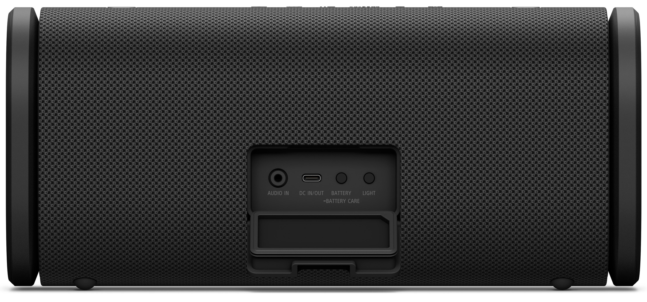 Fekete Sony hangszóró hátulja. Csatlakozók: audio bemenet, DC be/ki, akkumulátor kezelés, fény.