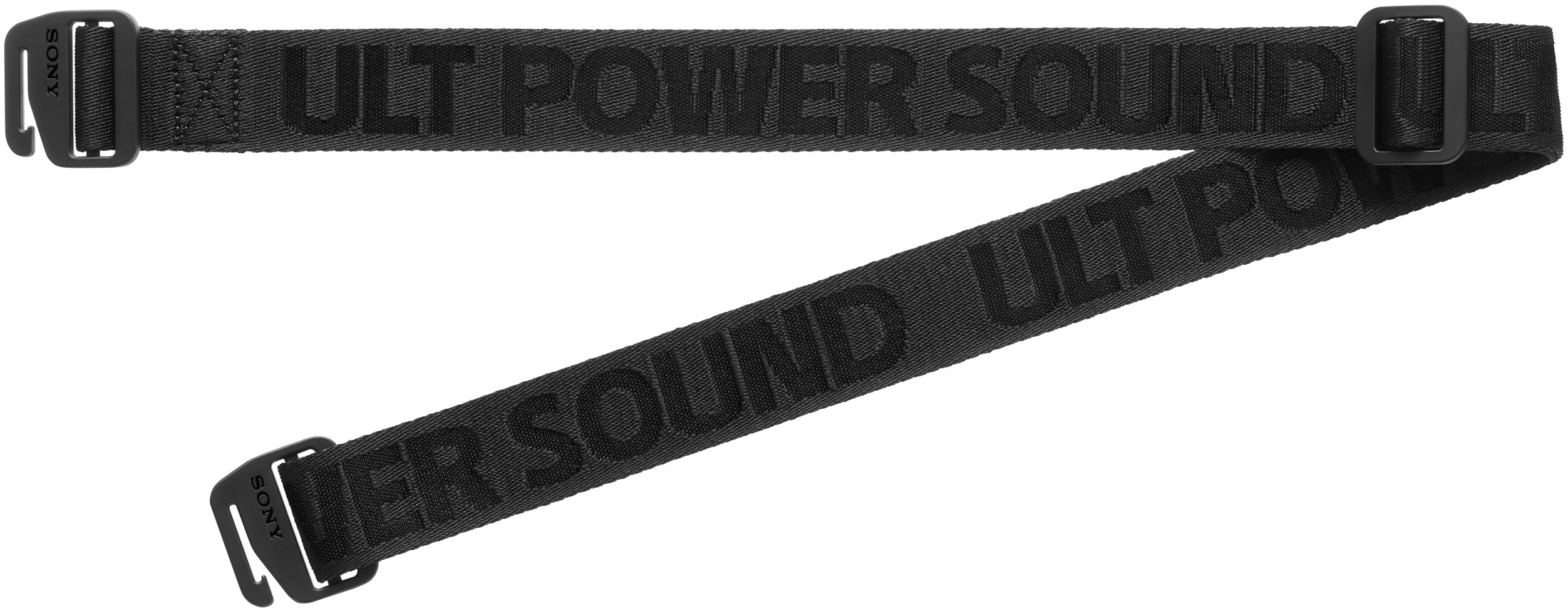 Fekete hangszóró pánt, 'ULT POWER SOUND' felirattal. Kapcsok a végeken.