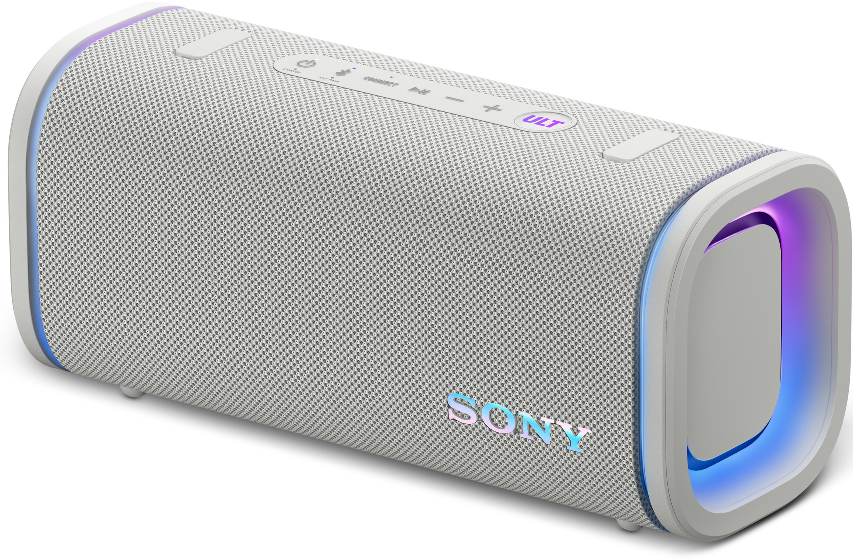 Egy fehér Sony hangszóró hálós kialakítással, kék és lila fénnyel.