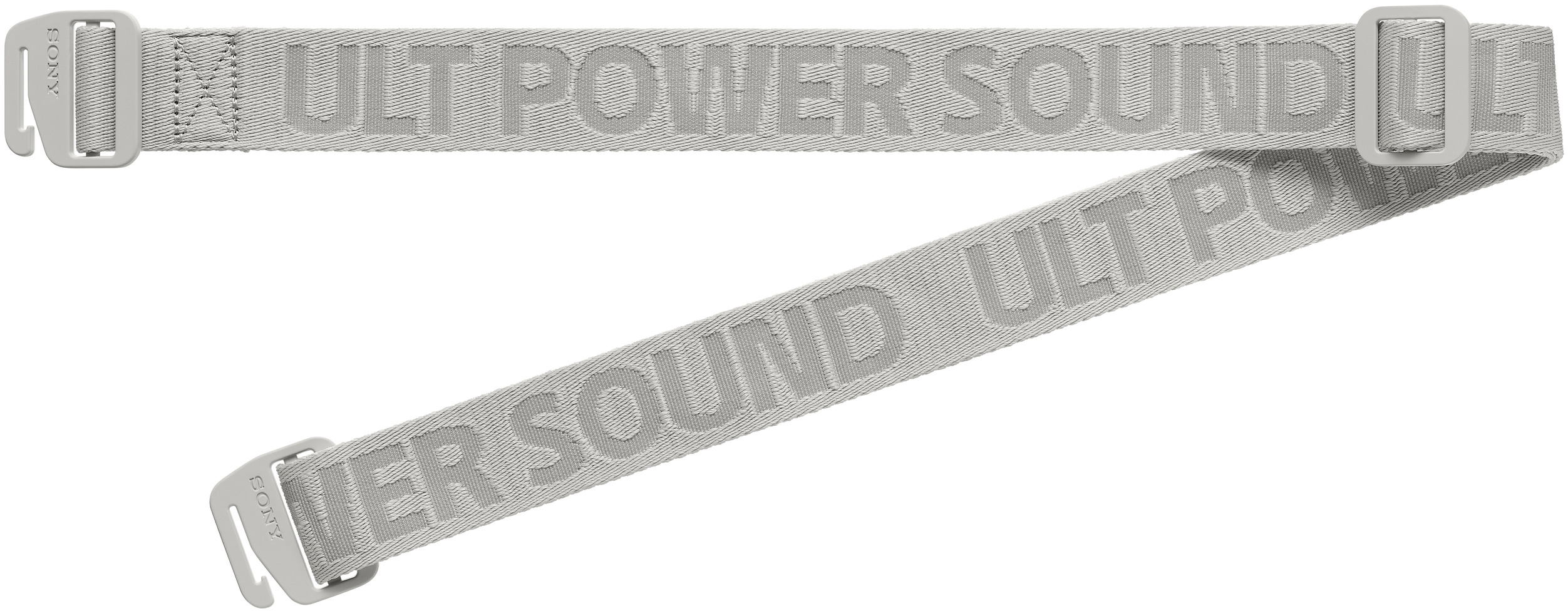 Két világosszürke pánt 'ULT POWER SOUND' felirattal és fekete kapcsokkal.