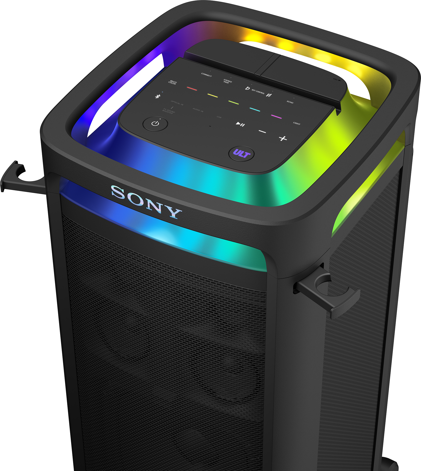 Egy fekete hangszóró színes fényekkel a tetején, Sony logóval és oldalsó fogantyúkkal.
