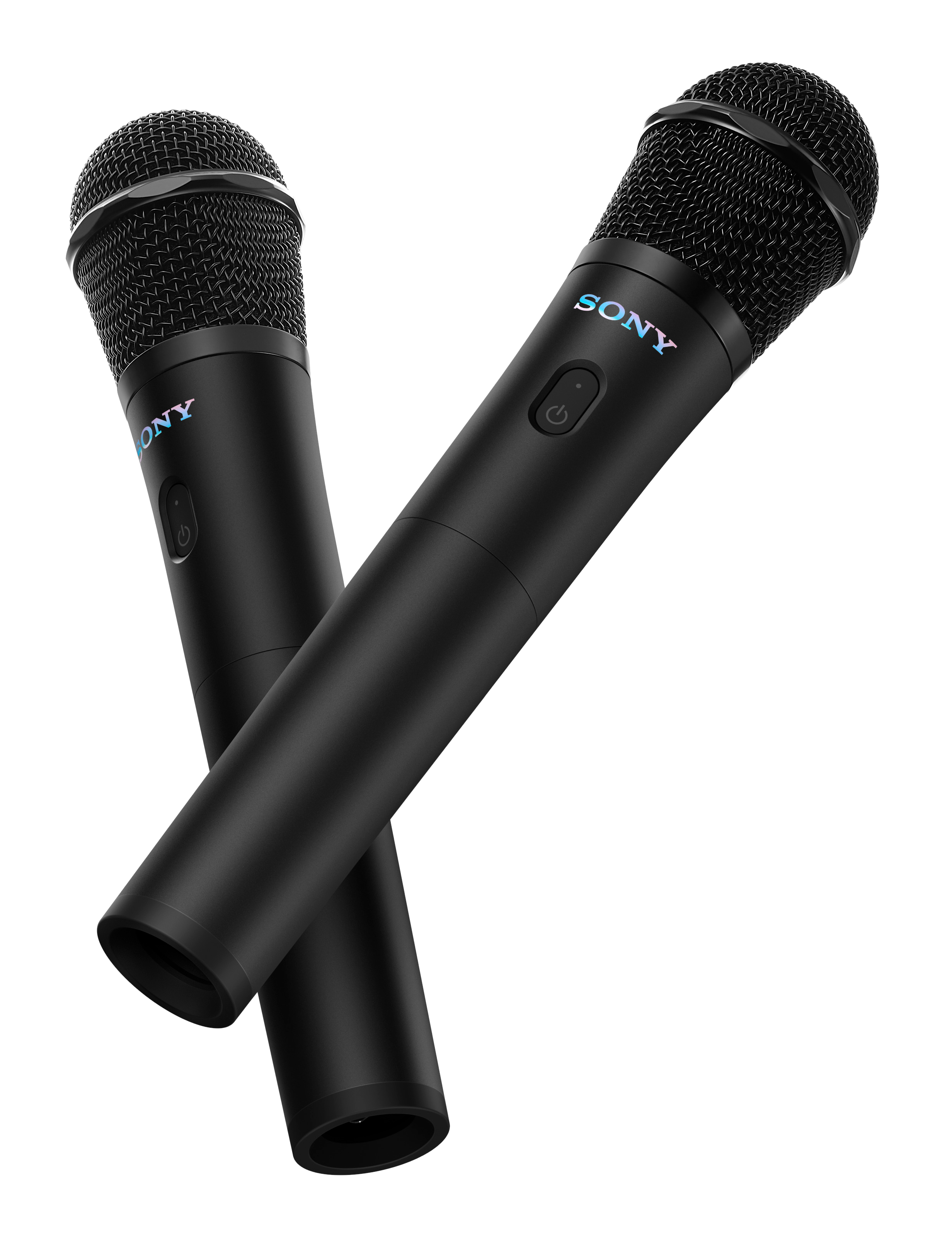 Dwa czarne mikrofony Sony skrzyżowane na czarnym tle. Każdy ma logo Sony.