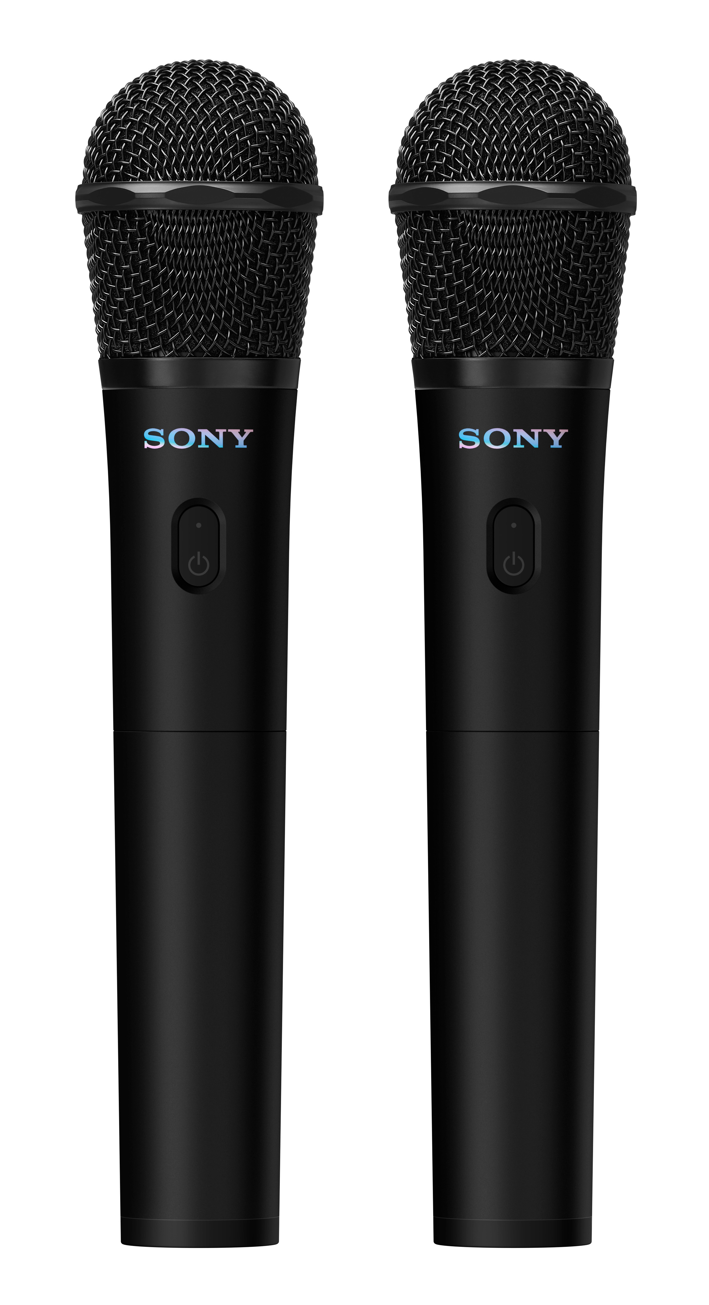 Dwa czarne mikrofony z logo Sony, przyciskami zasilania i siatkowymi osłonami.