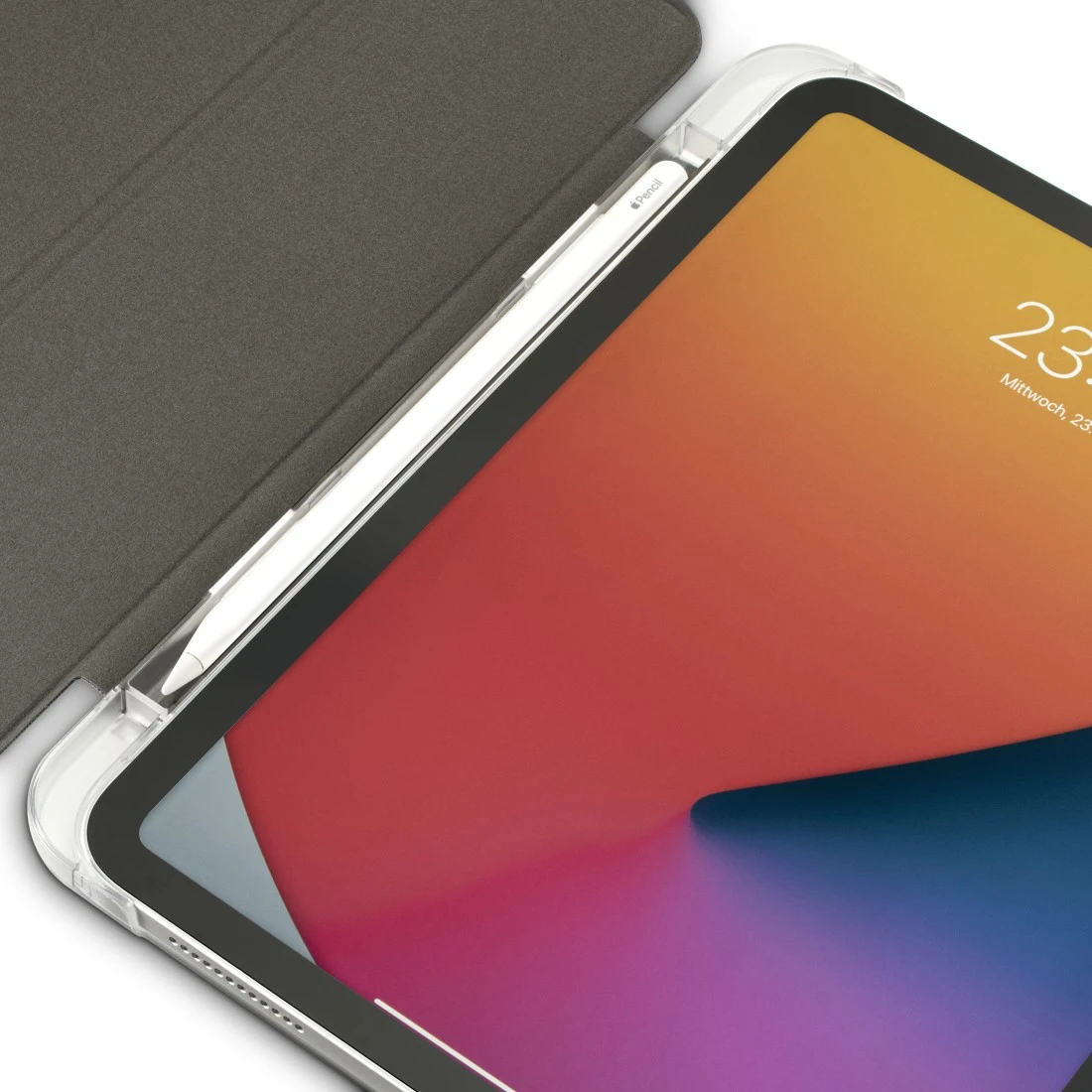 Ein iPad in einer transparenten Hülle mit einem weißen Stift. Der Bildschirm zeigt einen bunten Hintergrund.
