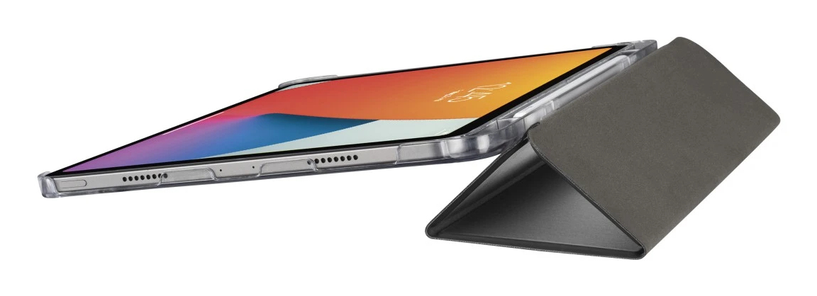 Tablet mit Hülle, mit einem transparenten Gehäuse. Die Hülle ist dunkelgrau, zu einem Ständer gefaltet.