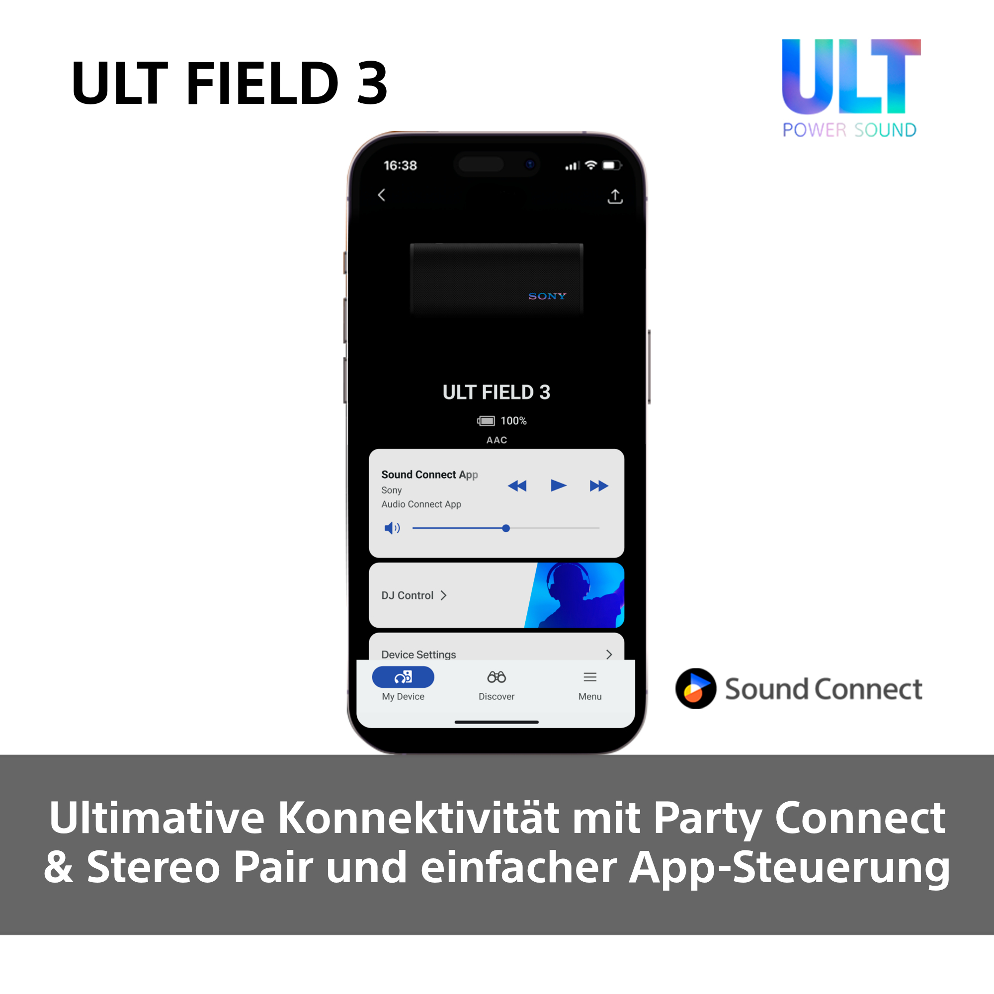 Ein Telefonbildschirm zeigt eine App zur Steuerung eines schwarzen Lautsprechers.