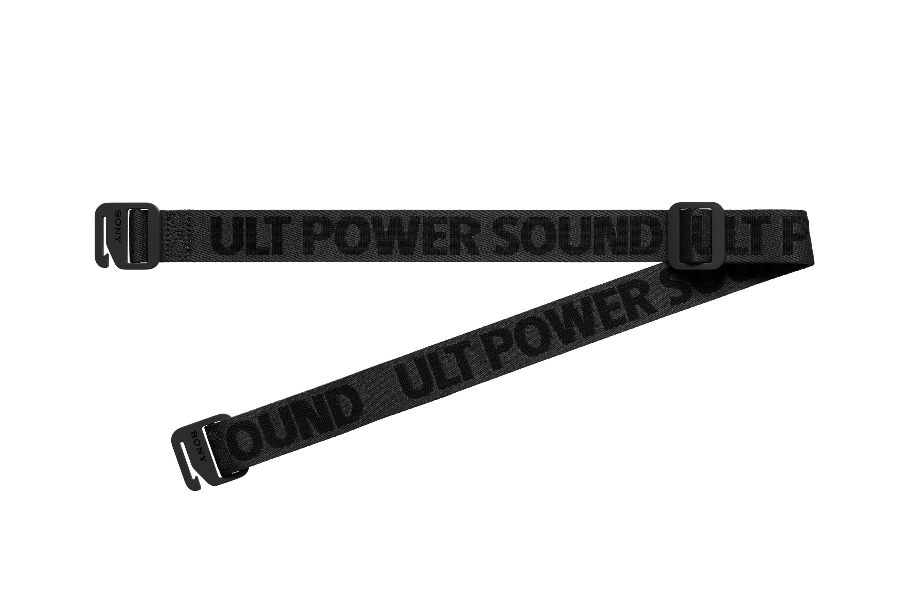 Schwarzer Riemen mit weißem Text 'ULT POWER SOUND' und Verschlüssen auf weißem Hintergrund.
