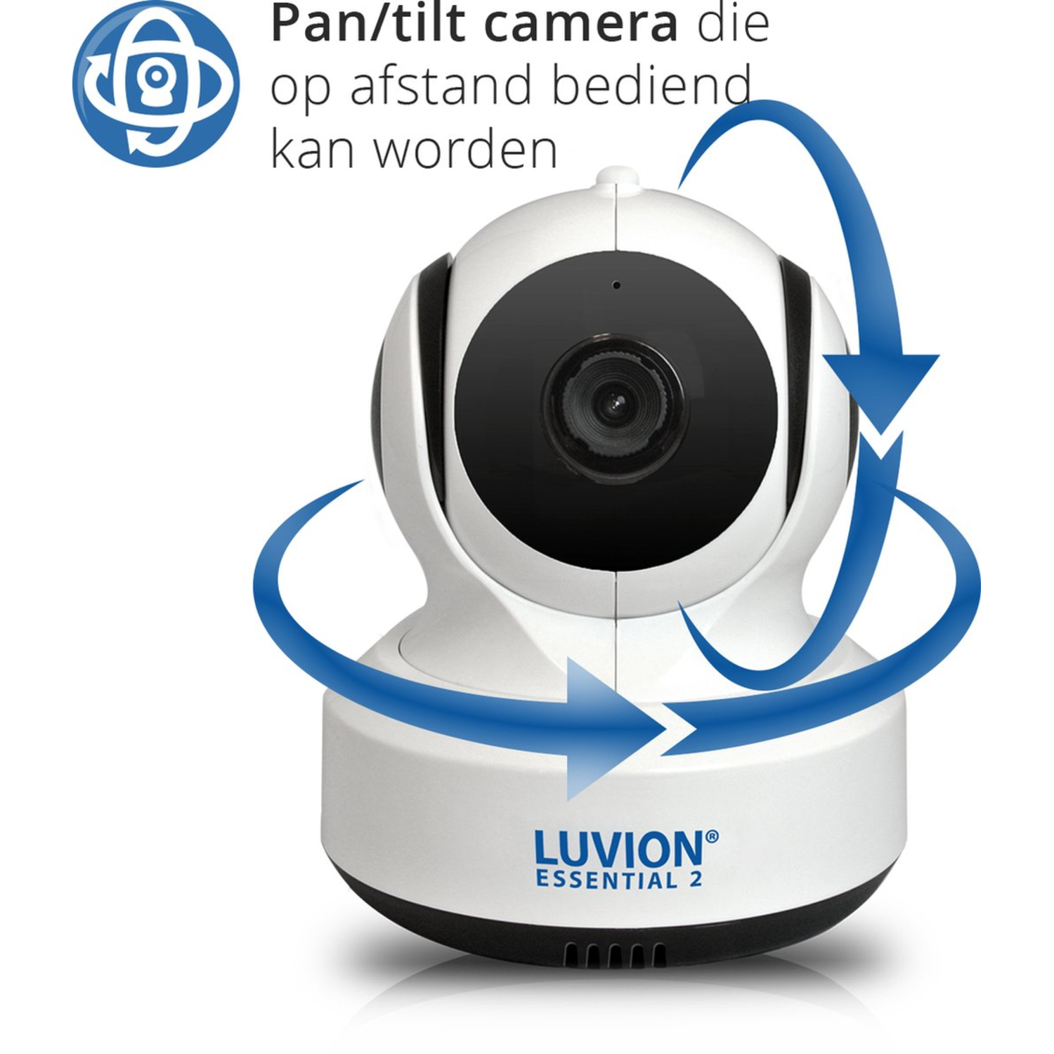 White security camera. Arrows show pan/tilt. Text: Pan/tilt camera that can be controlled remotely.