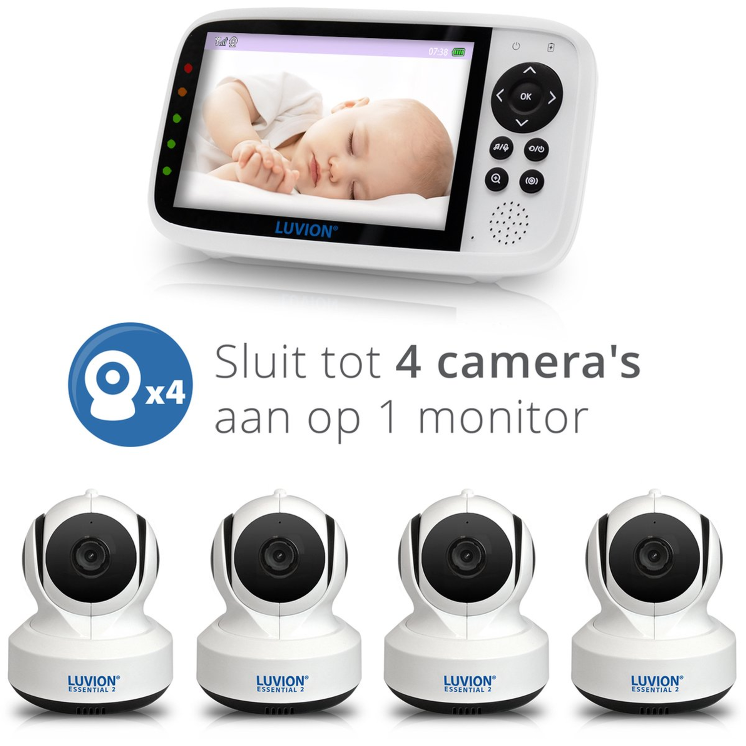 Baby monitor with a screen showing a baby sleeping, plus four separate cameras.