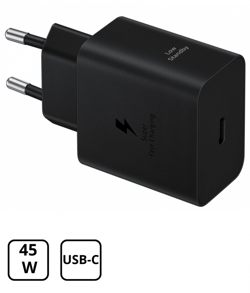 Fekete töltő két tüskével és USB-C porttal, gyors töltést jelző szöveggel.