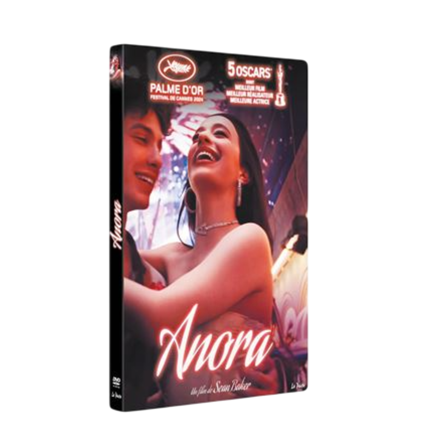 Anora DVD-hoes met een omhelzend stel. De hoes heeft een rood en zwart ontwerp.