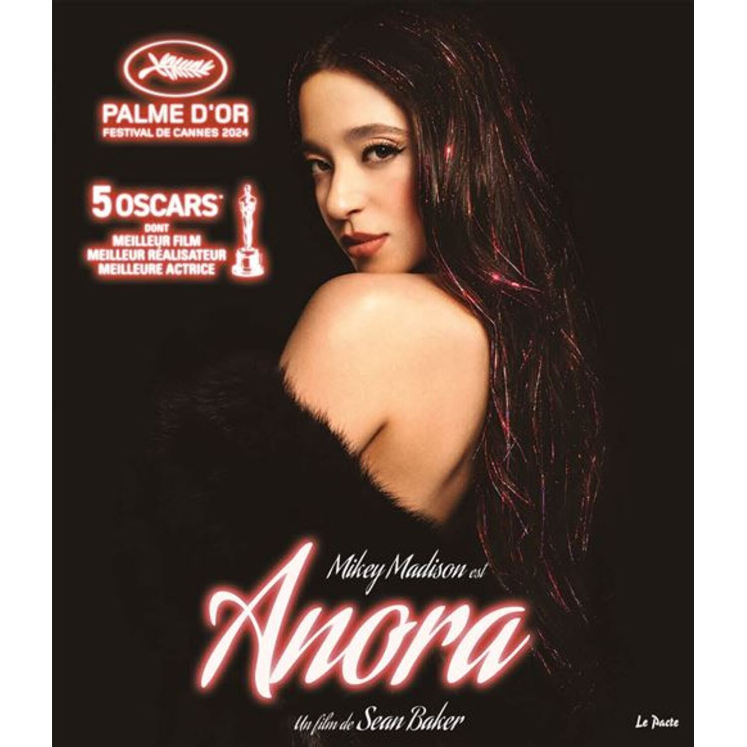 Affiche du film 'Anora'. Présente une femme aux longs cheveux et du texte.
