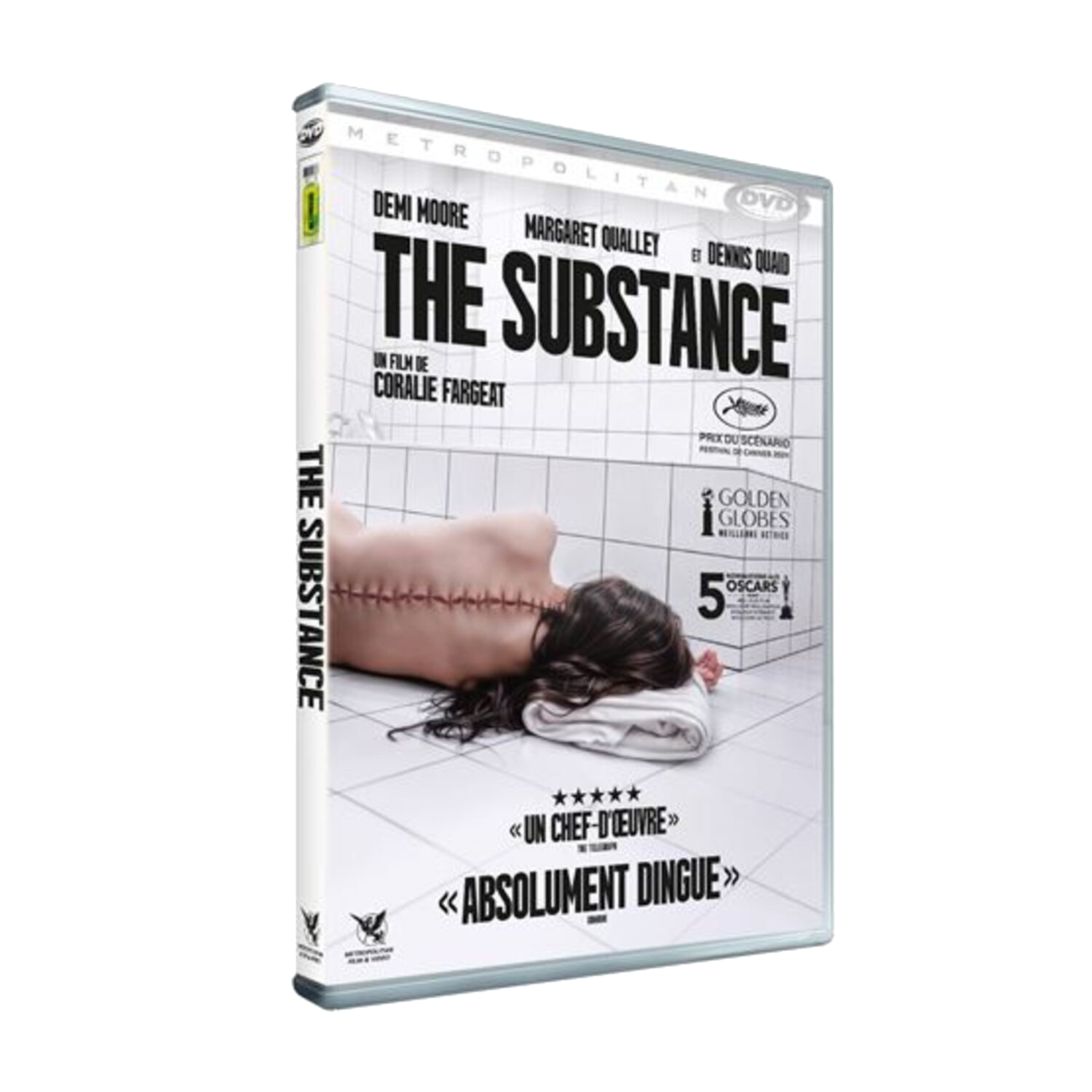DVD-hoes: Vrouw met hechtingen in de rug. Titel: The Substance. Witte achtergrond met tekst.