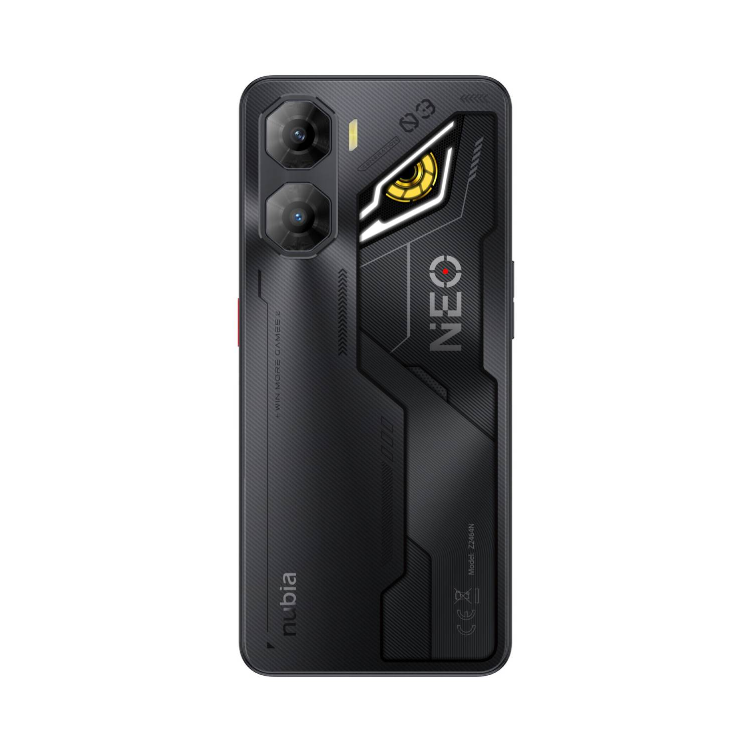 The back of a black nubia phone with a camera, white lines, and the word 'NEO'.