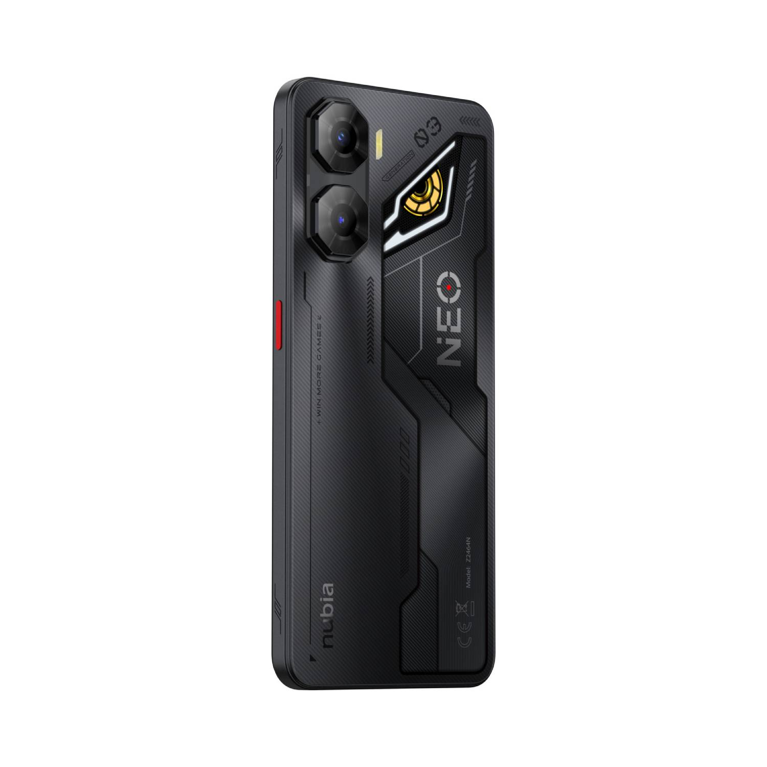 Black smartphone with a striking design. Multiple cameras and the word NEO is written.