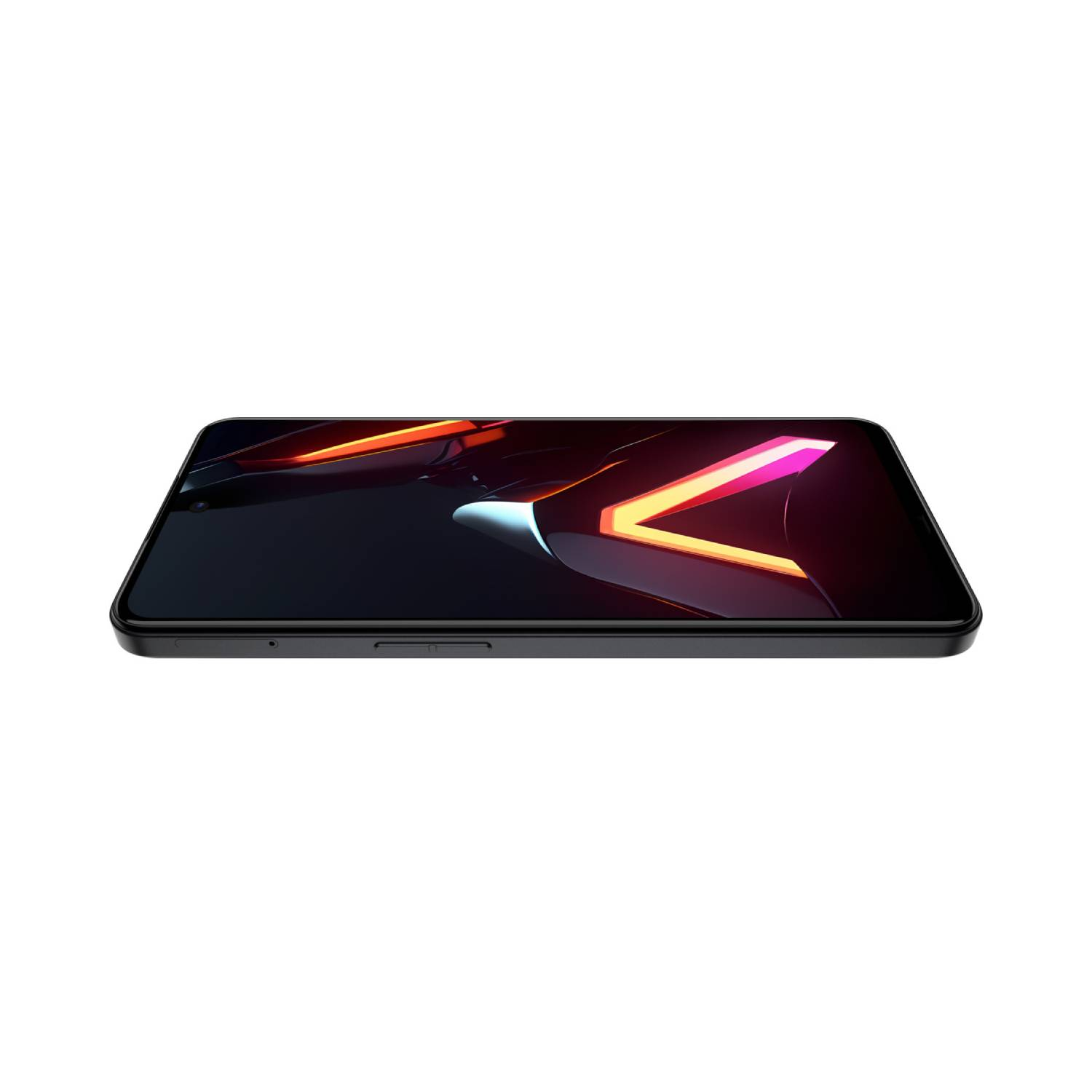 A black smartphone with a screen displaying a colorful V-shaped design.