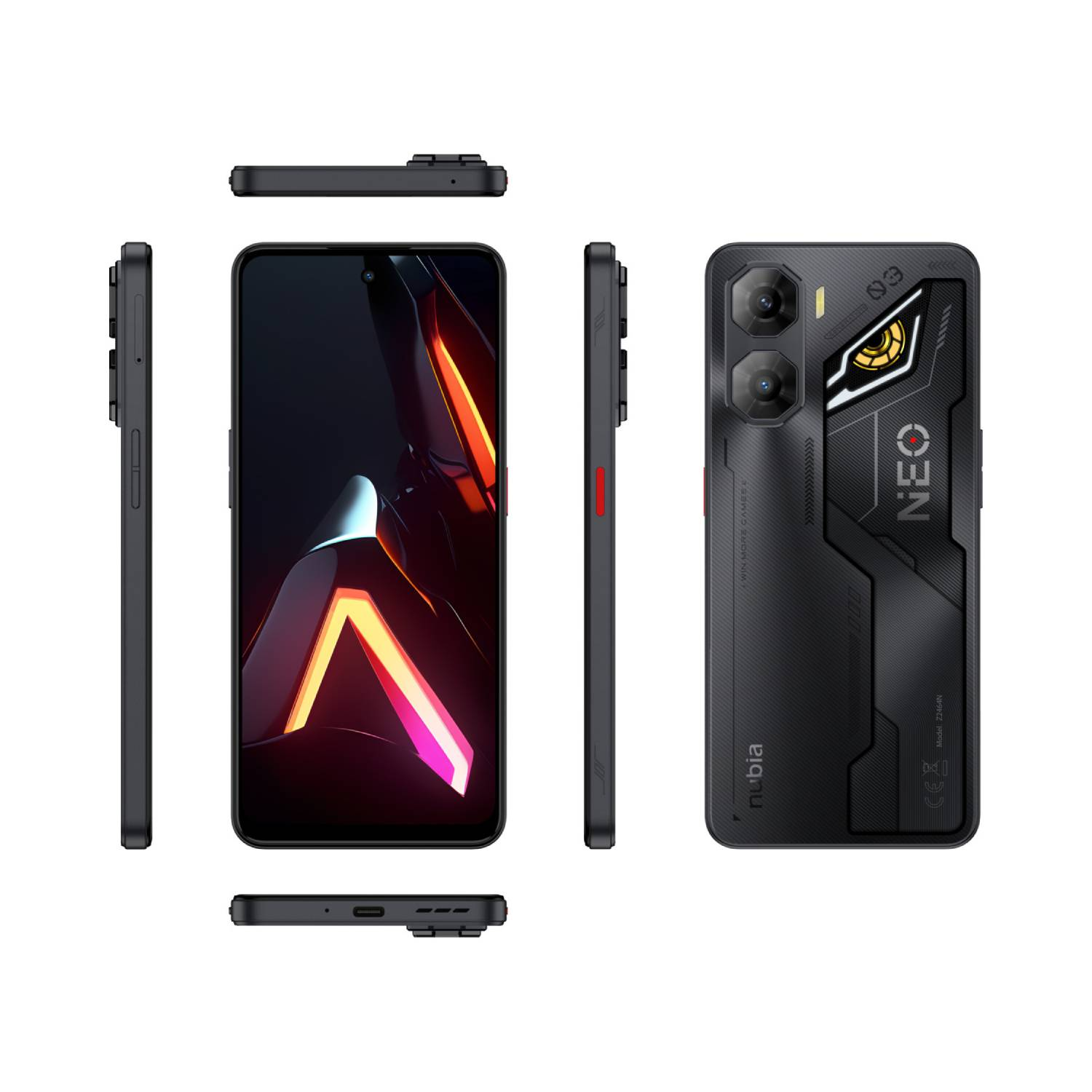 Black phone with a futuristic design. Multiple views showing the phone's details.