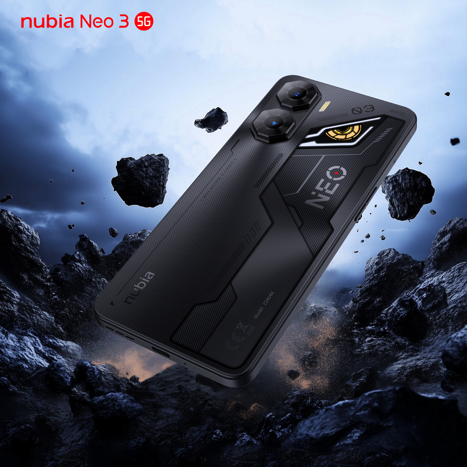 Black phone with camera bumps, a text 'NEO', and rocks in the background.