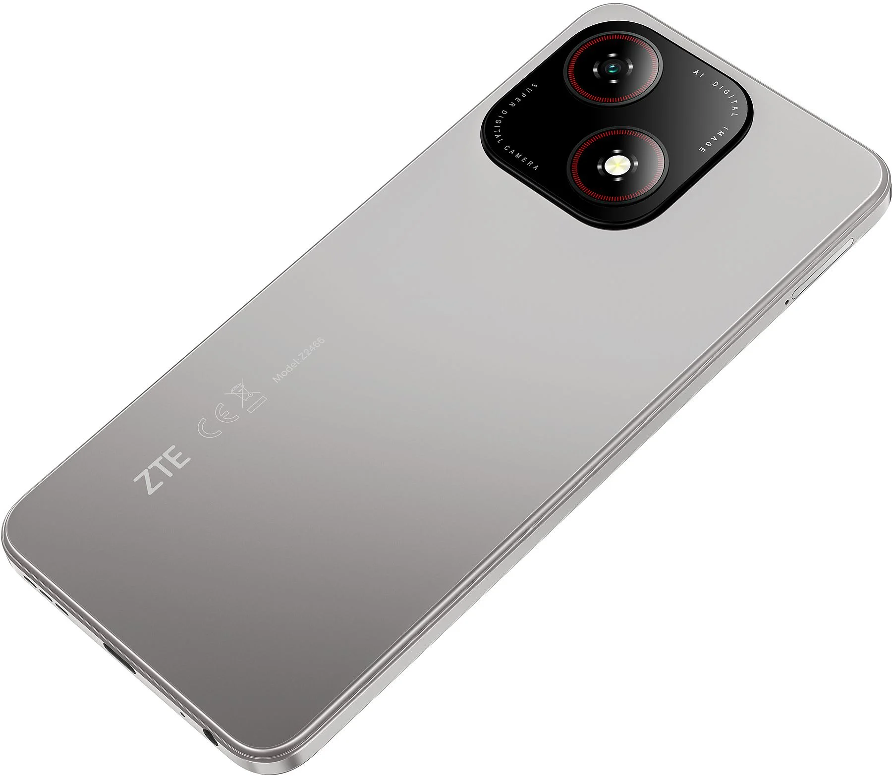 Egy ezüst telefon hátulja. A kamera felül van, a telefonon a 'ZTE' logó.