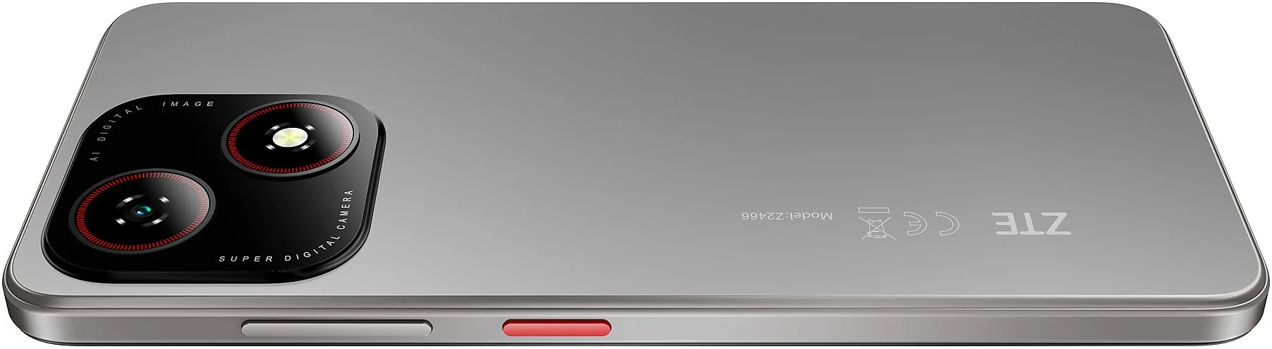 Szürke telefon, felülnézetben kamerákkal, gombokkal és ZTE logóval.