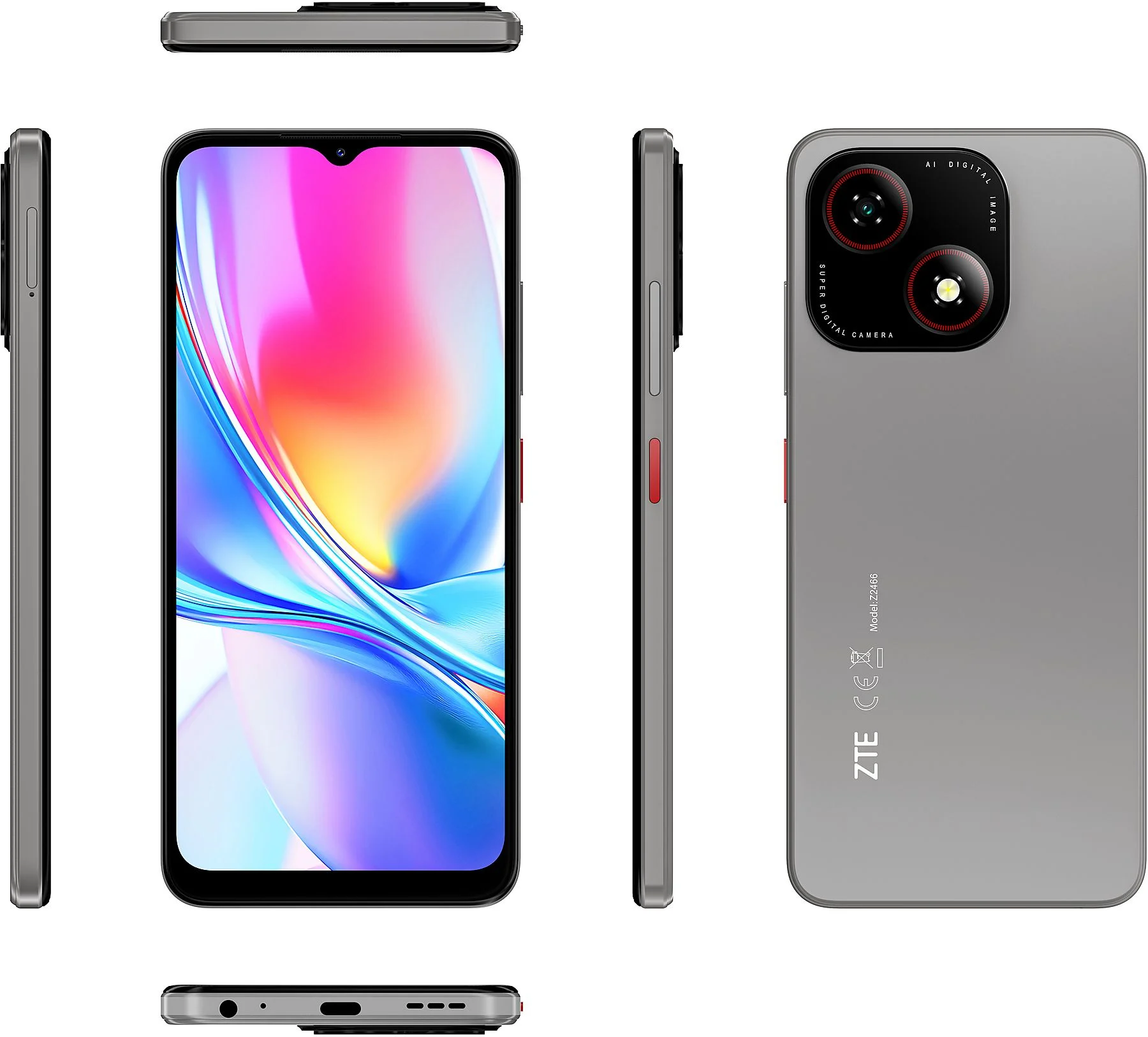 Egy szürke telefon több nézetben. Három kamerája és egy piros gombja van.