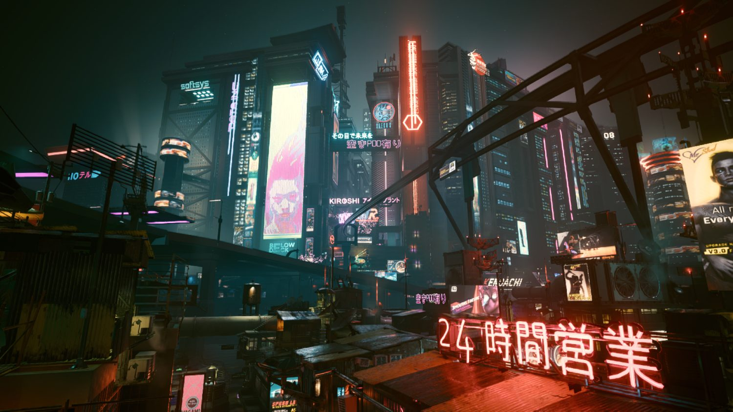 Vista nocturna de una ciudad futurista con luces de neón, edificios y cielo oscuro.