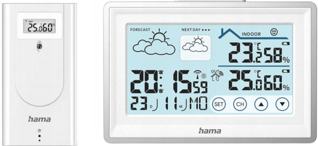 Biała stacja pogodowa Hama pokazująca godzinę, datę i warunki wewnątrz/na zewnątrz.
