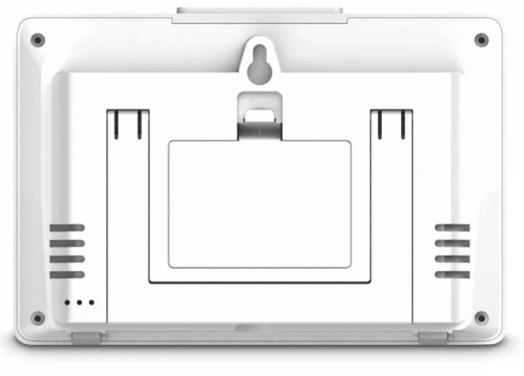 Tył białego urządzenia z różnymi otworami i haczykiem do zawieszania.