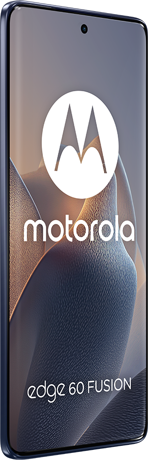 Kék Motorola Edge 60 Fusion telefon, szöggel, szöveggel a képernyőn.