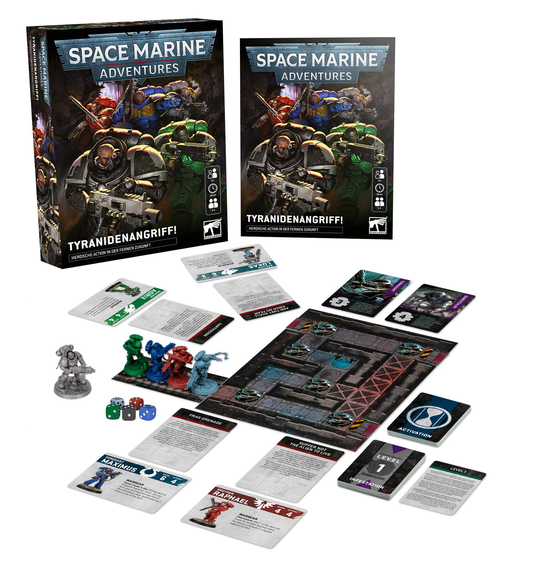 Brettspiel mit Figuren, Karten, Würfeln und Boxen.