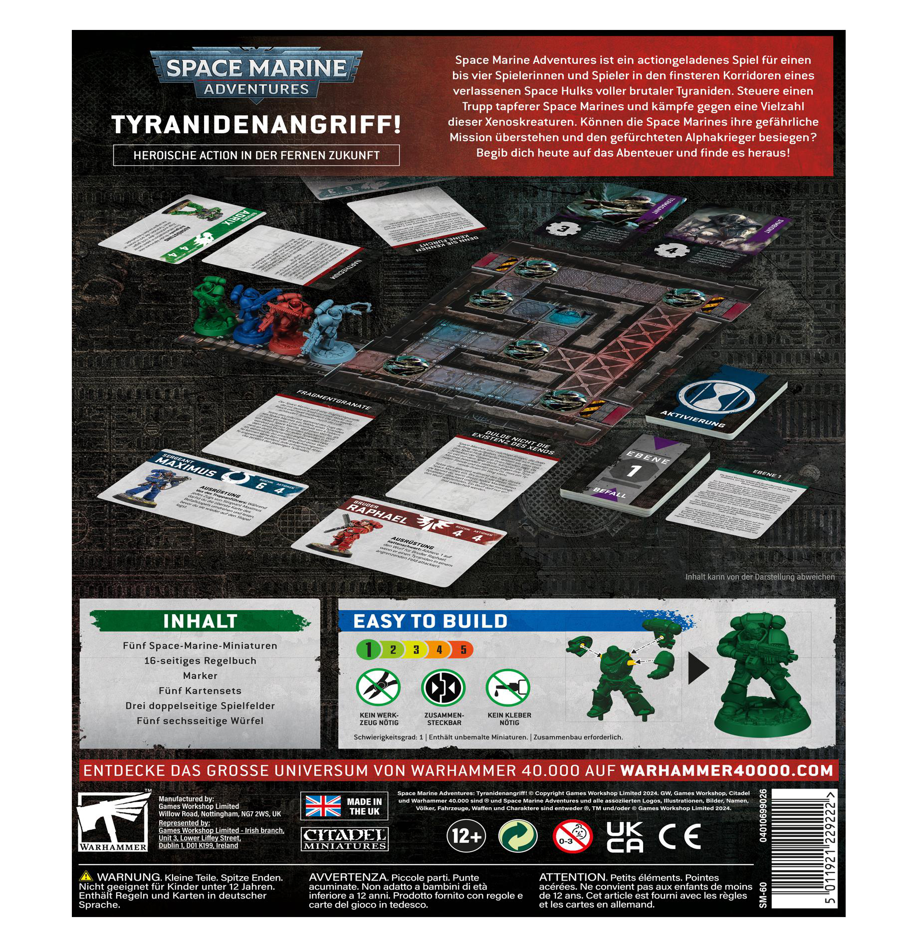 Rückseite einer Brettspielbox mit Text und Bildern.