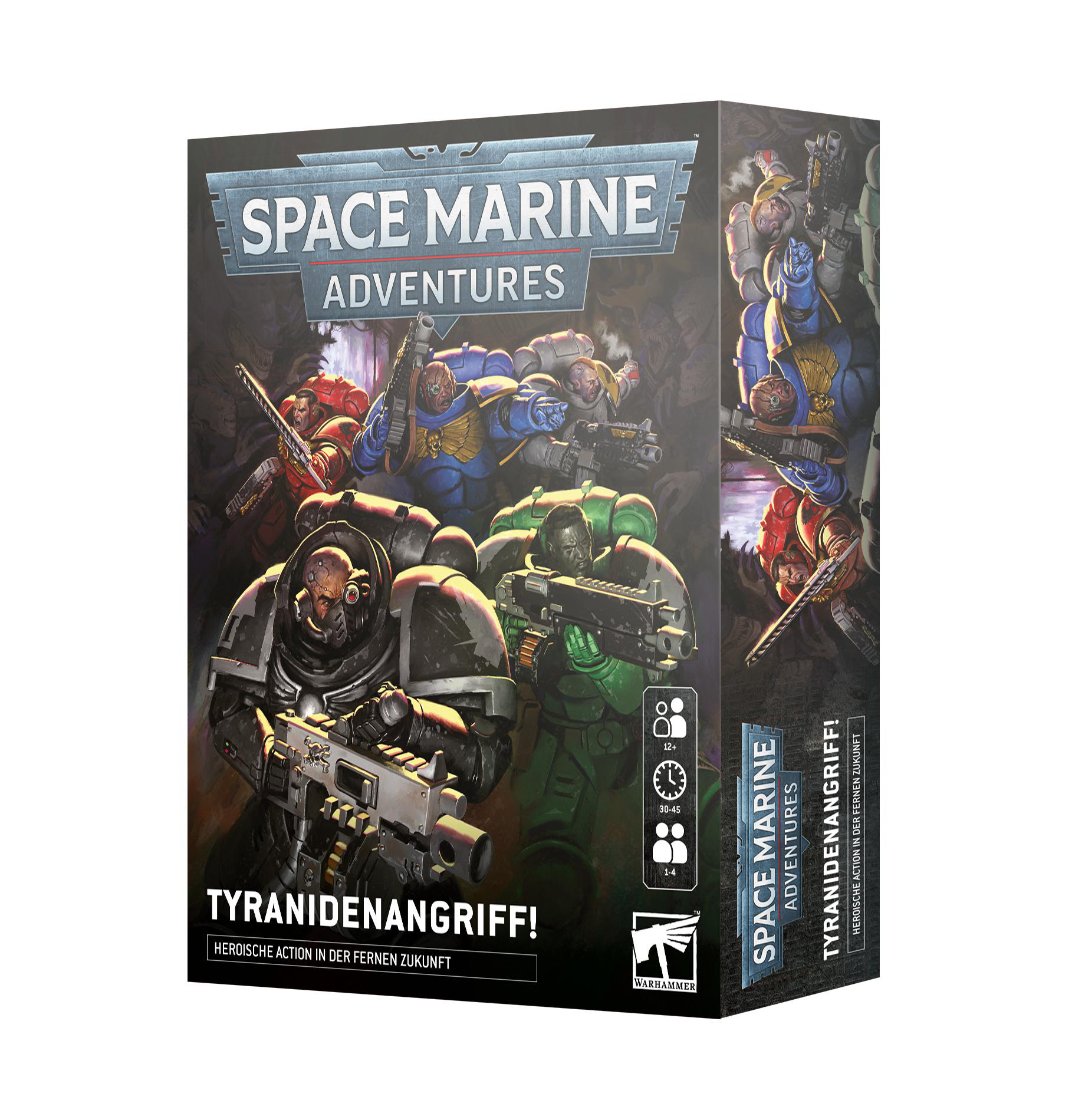 Schachtelkunst für ein Space Marine Adventures-Spiel, mit Figuren und Text.