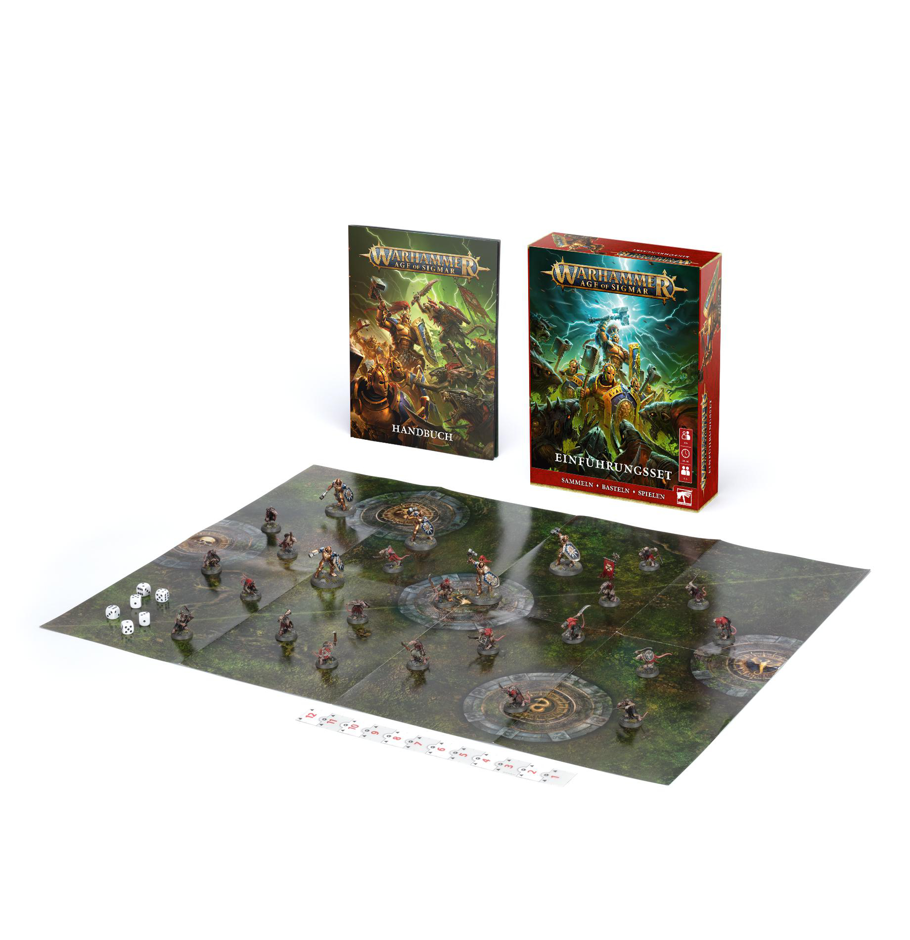 Zwei Warhammer-Spielboxen, ein Spielbrett mit Miniaturen und Würfeln.