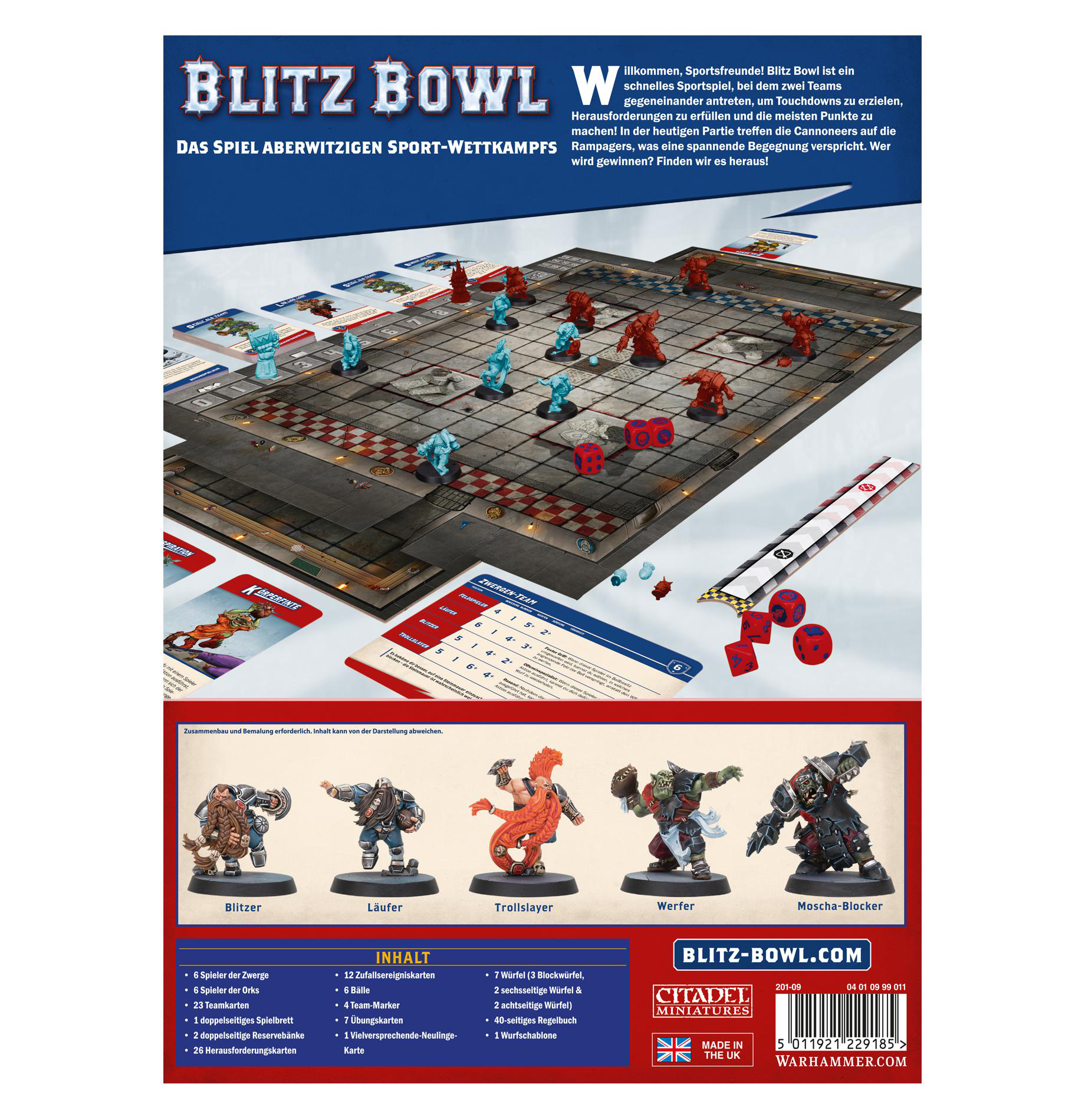 Brettspielbox mit Spielbrett und Miniaturen, mit Text auf Englisch.