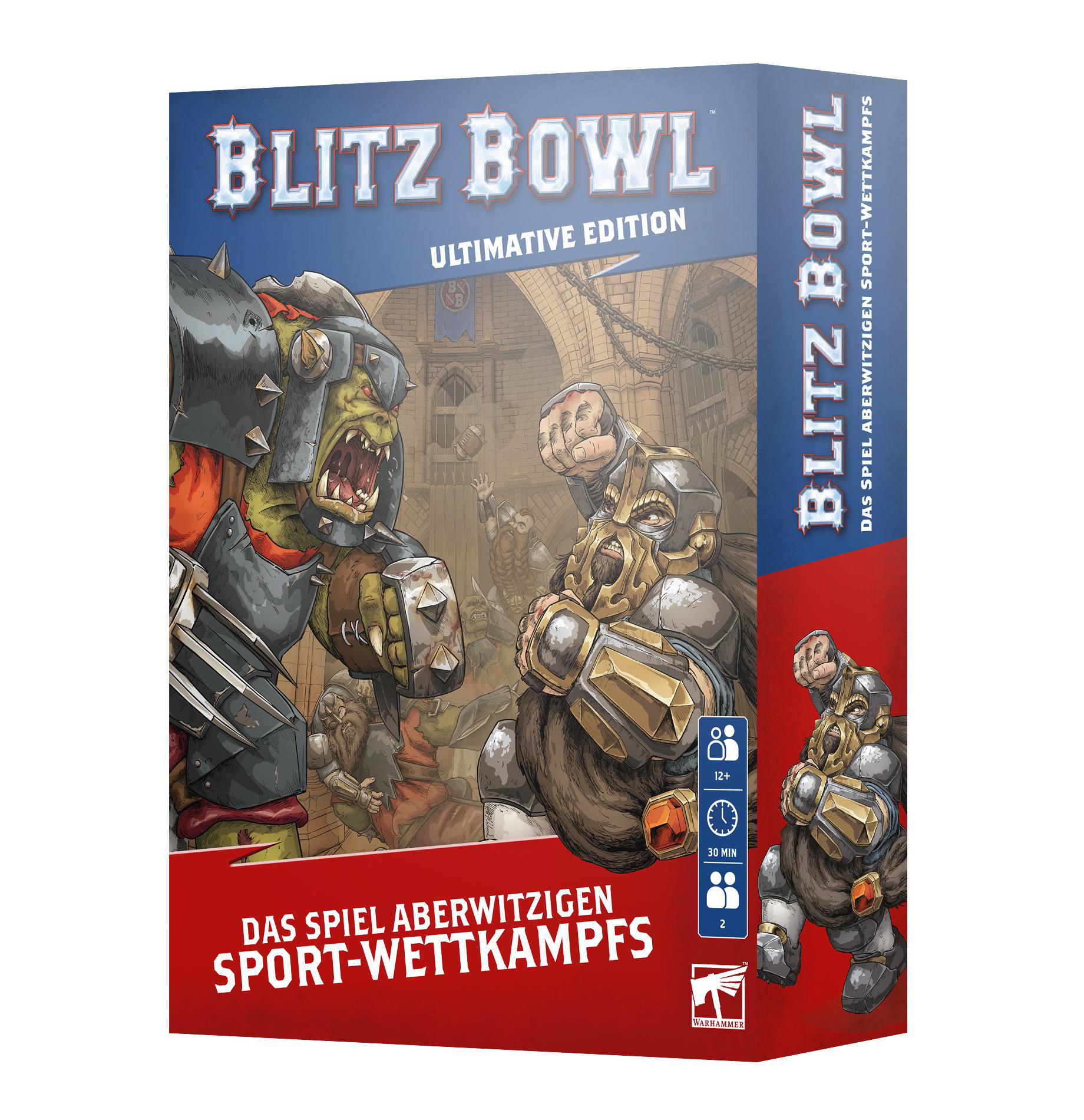 Blitz Bowl Brettspielbox: Ork- und Zwergfiguren auf dem Cover. Rote und blaue Farben dominieren das Design.