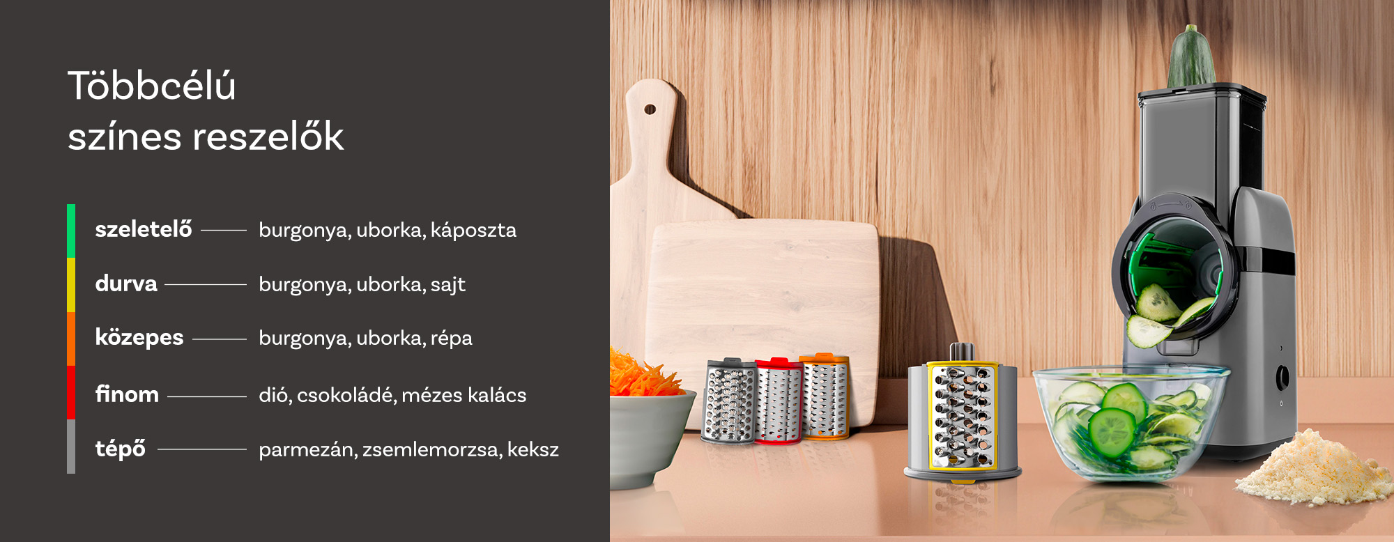 Ételreszelő tálakkal, répával és cukkinivel.