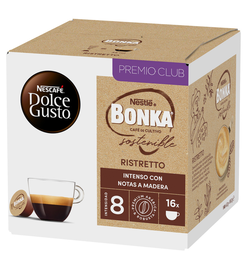 Caja de cápsulas de café con logo Nescafe Dolce Gusto y marca Bonka, con una taza de café.