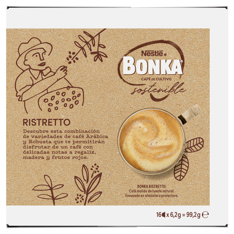 Anuncio de café Nestle Bonka. Taza de café con espuma sobre un fondo marrón.