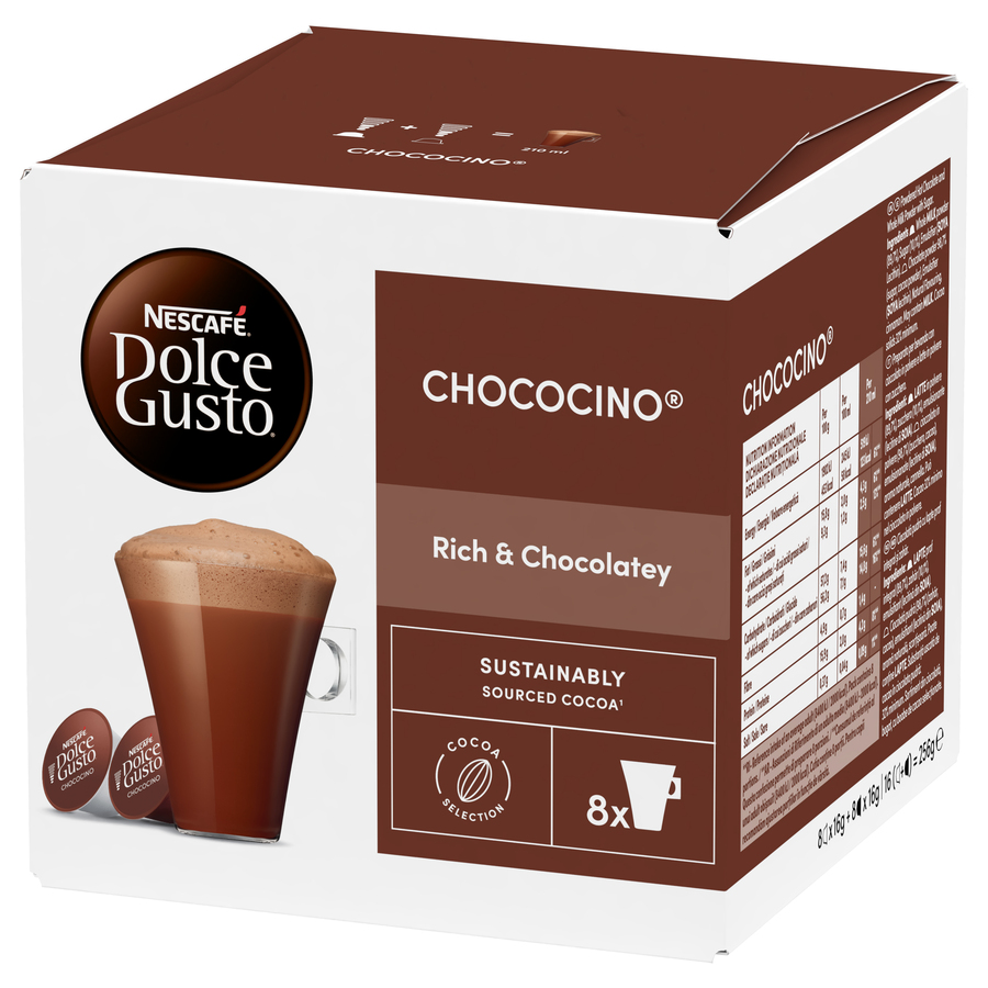 Caja de Nescafe Dolce Gusto Chococino con un gráfico de taza de café y cápsulas.