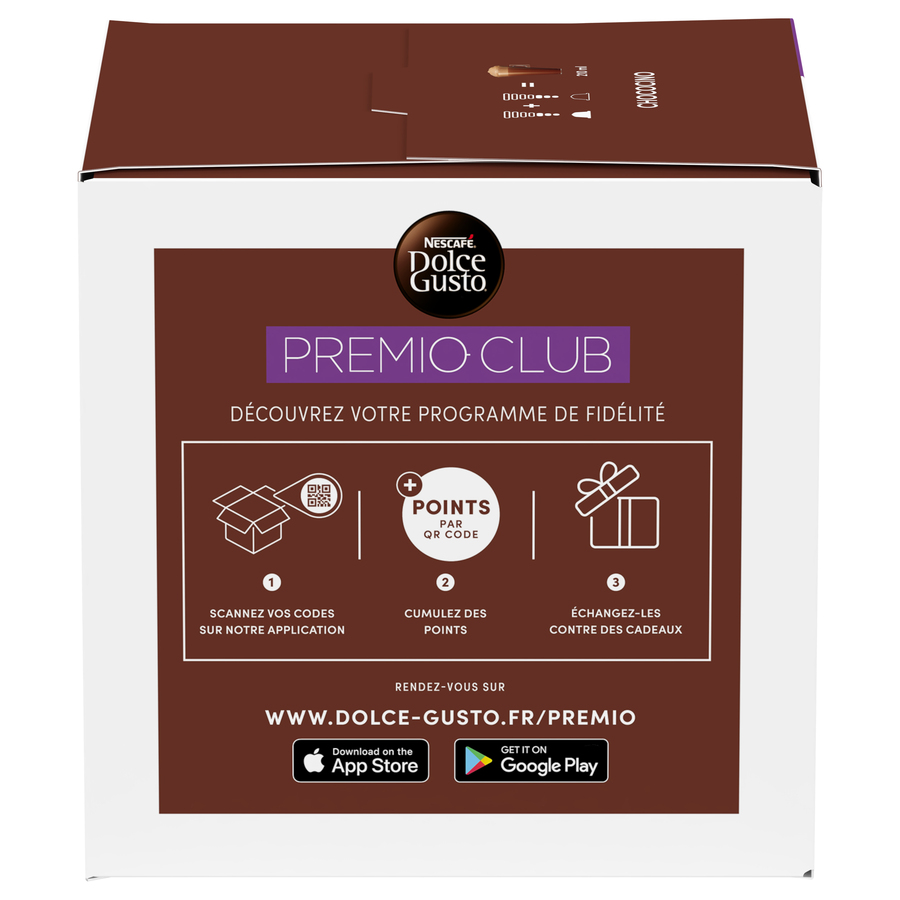 Caja Nescafe Dolce Gusto que muestra un programa de fidelización con códigos QR.