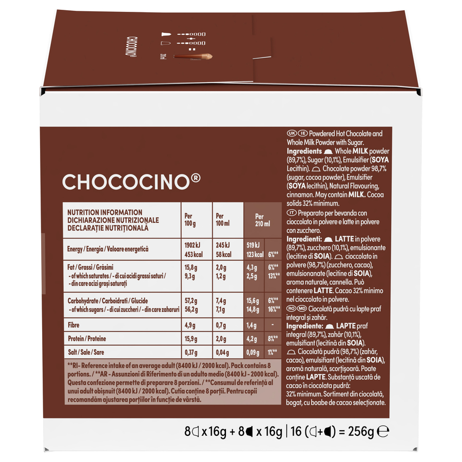 Información nutricional en una caja Nescafe Dolce Gusto Chococino, con tablas.