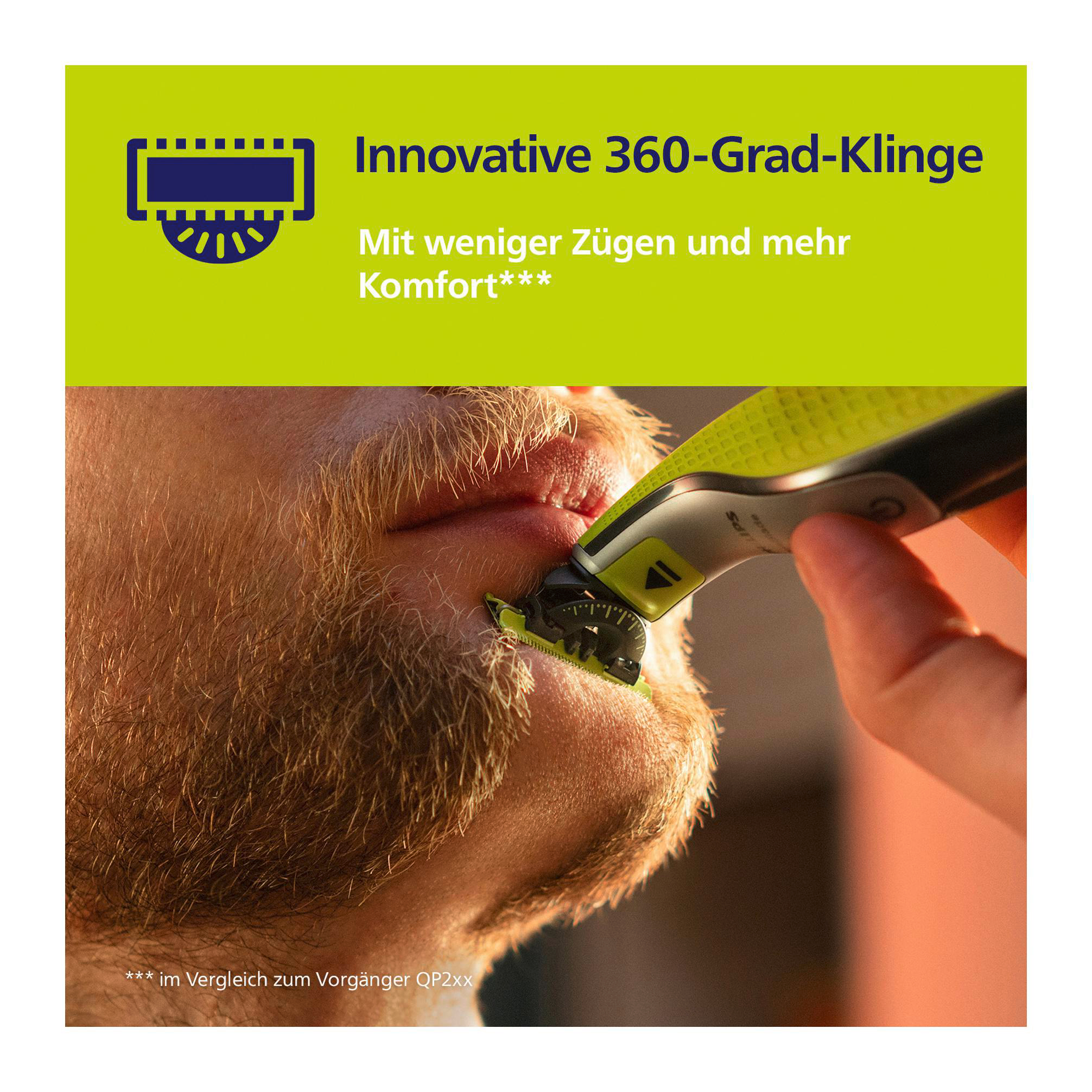 Eine Person rasiert ihren Bart mit einem Rasierer. Der Rasierer hat eine grüne Klinge.