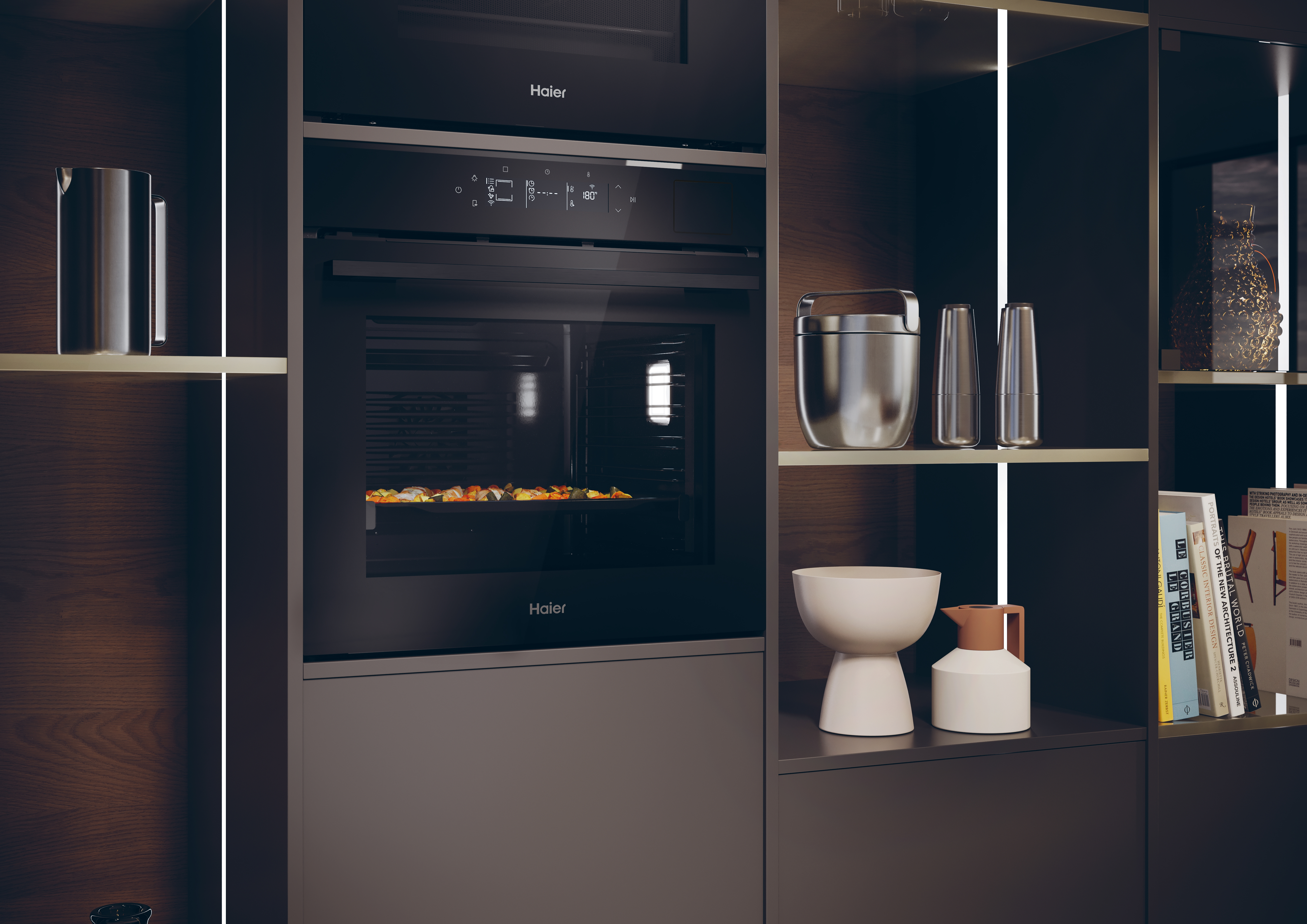 Una cocina moderna con un horno y estantes con objetos.