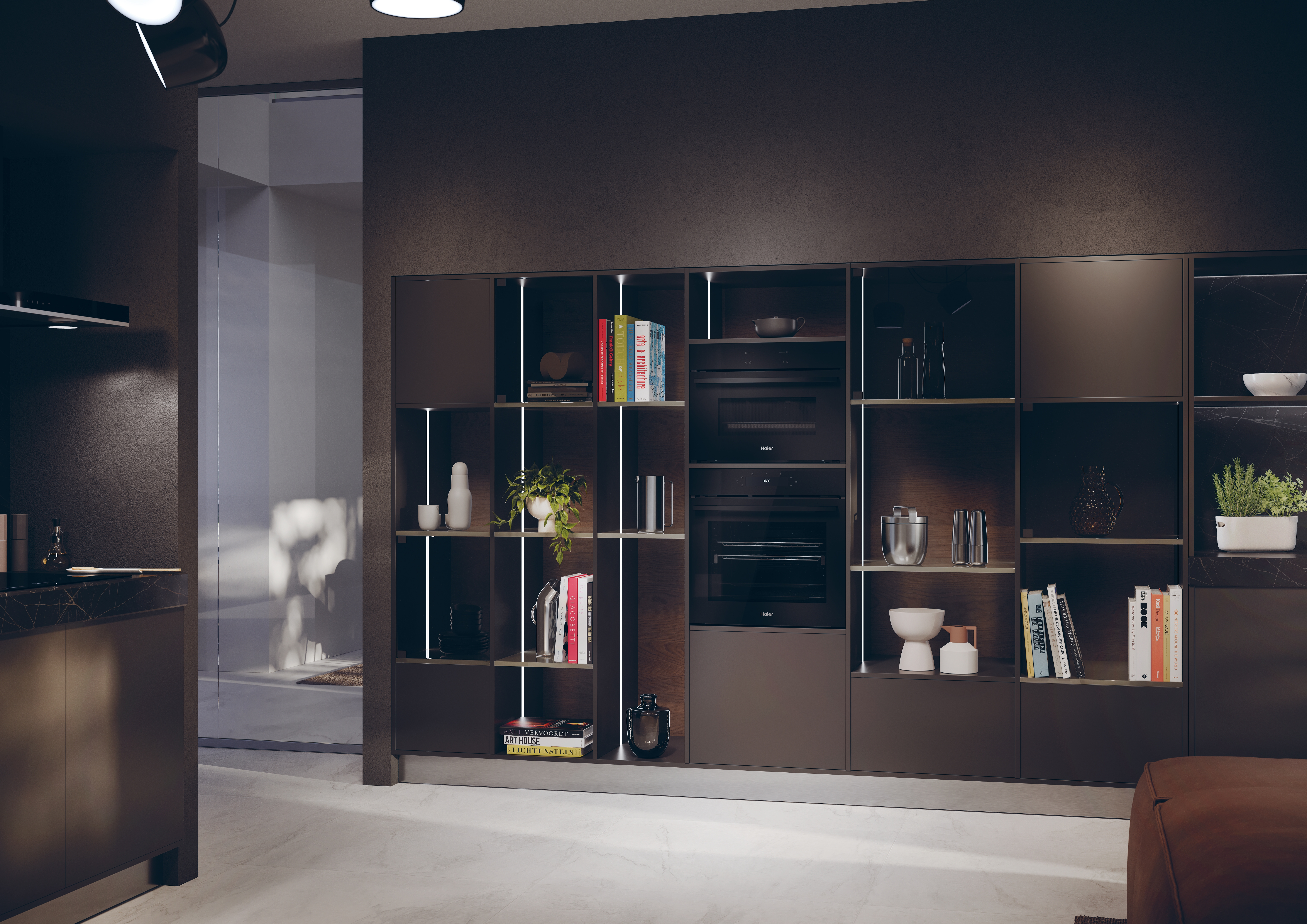 Interior de cocina moderno con gabinetes de madera oscura, estantes y electrodomésticos.